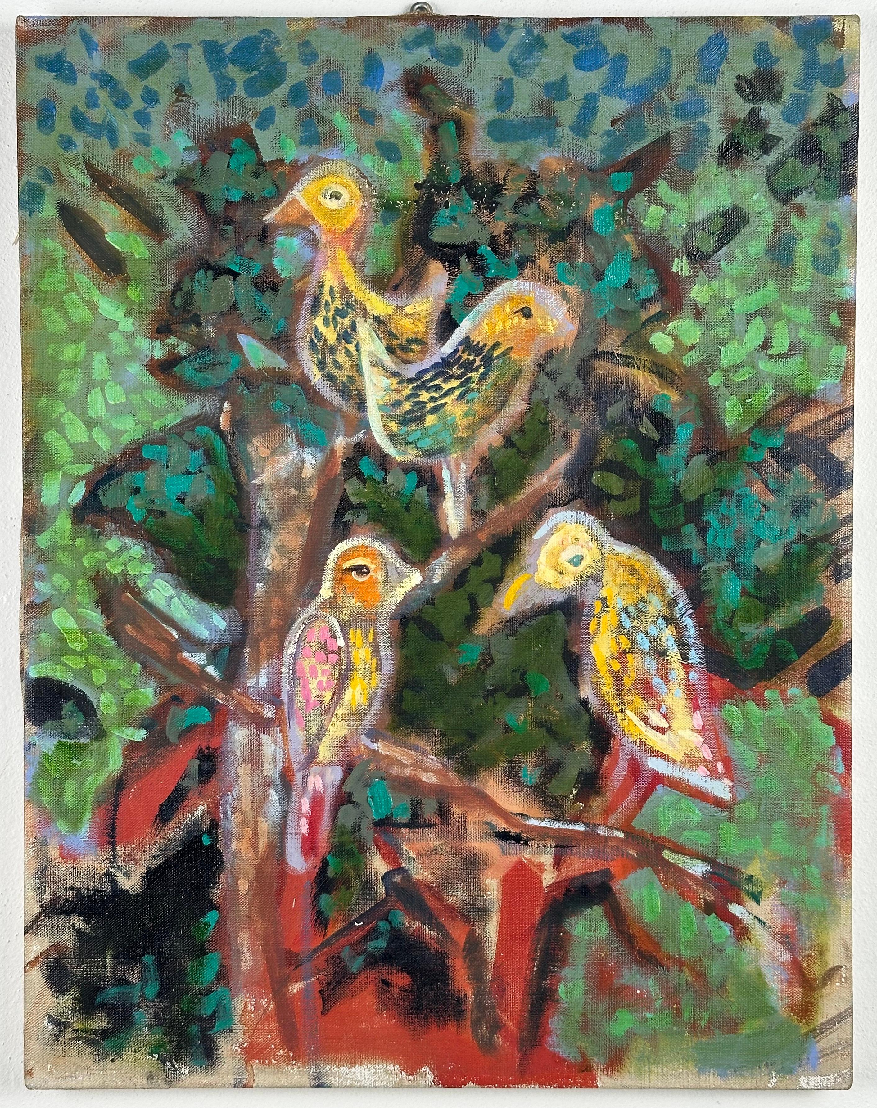 Peinture surréaliste d'oiseaux exotiques magiques dans un arbre