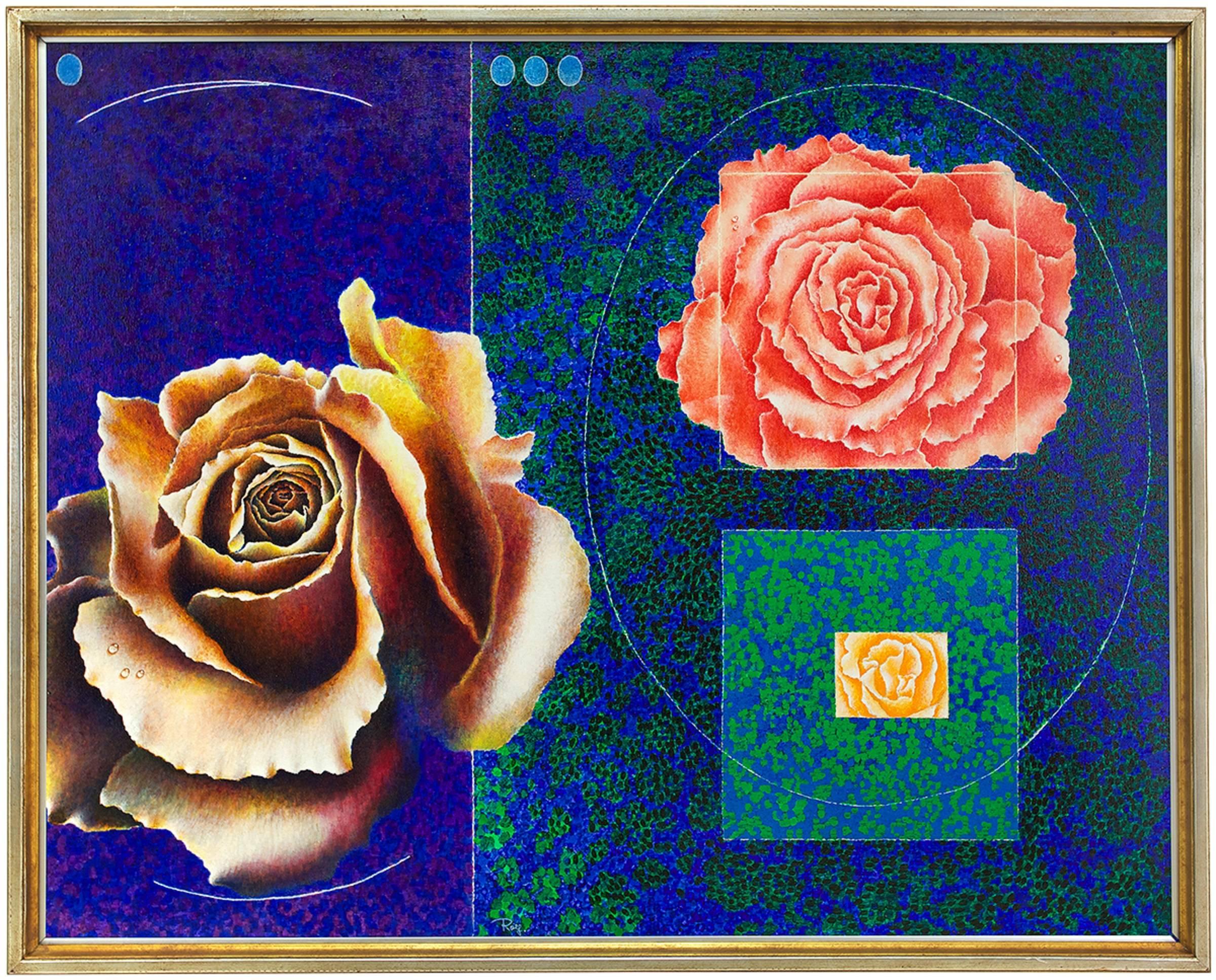 Unknown Still-Life Painting – Surrealistisches Trompe-l''oeil, üppige Rosen