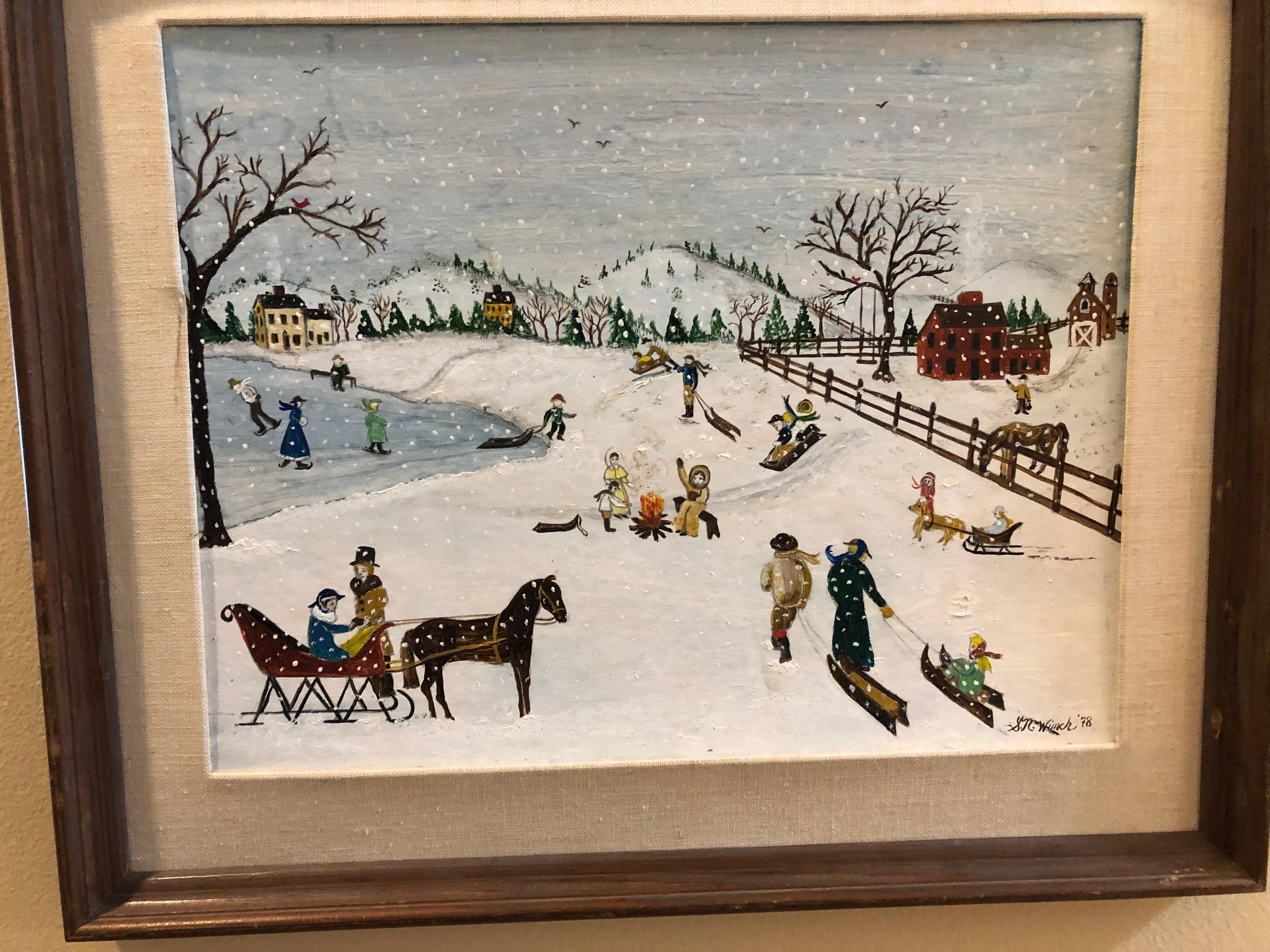 Susan Northey Winch Folk Art Winter Scene - Painting by Unknown