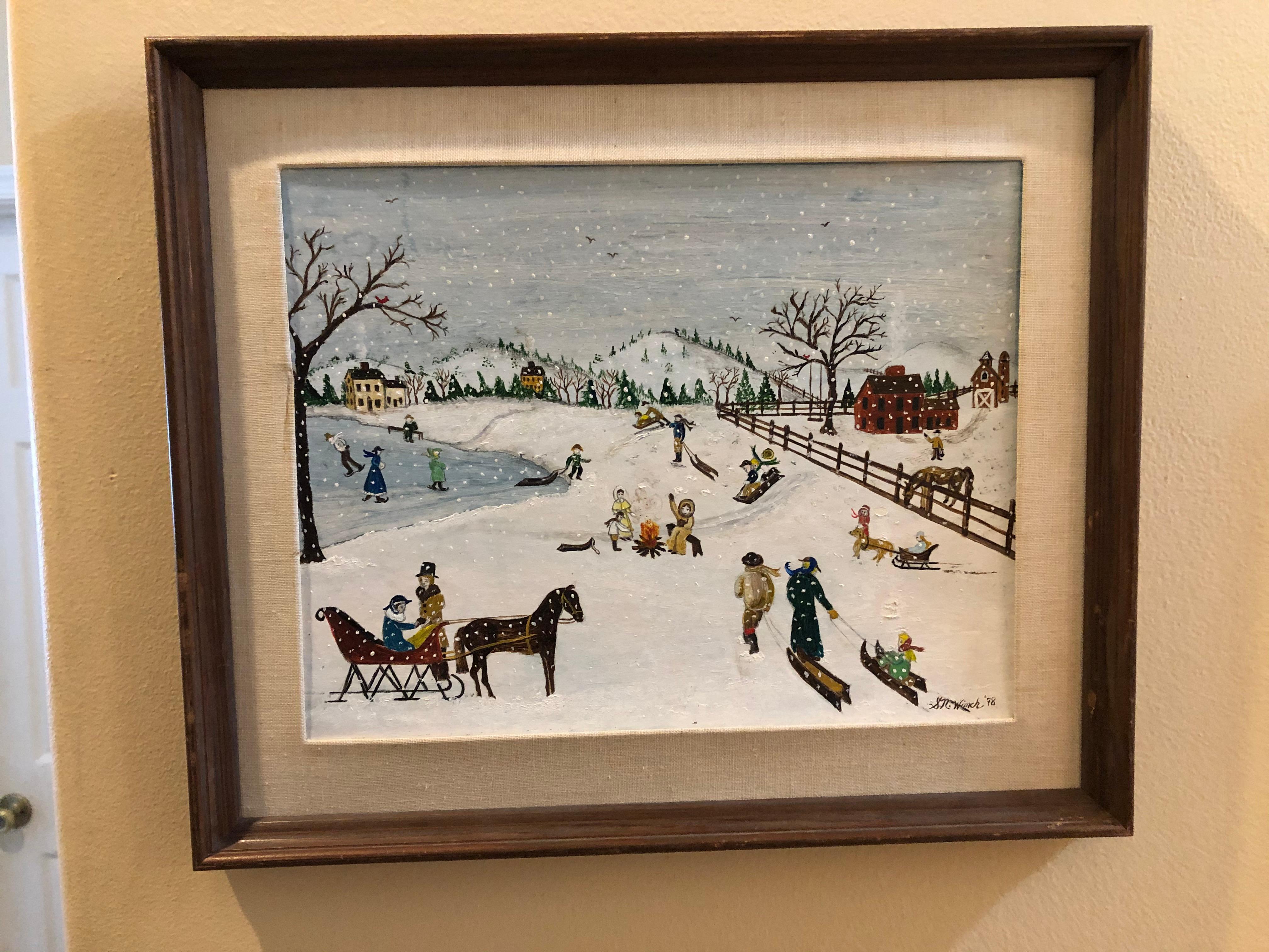 Charming winter scene by folk artist Susan Northey Winch. I believe she comes from a family of folk artists from the northeast. Oil on board measures 14 by 11. Frame is 18 by 15.