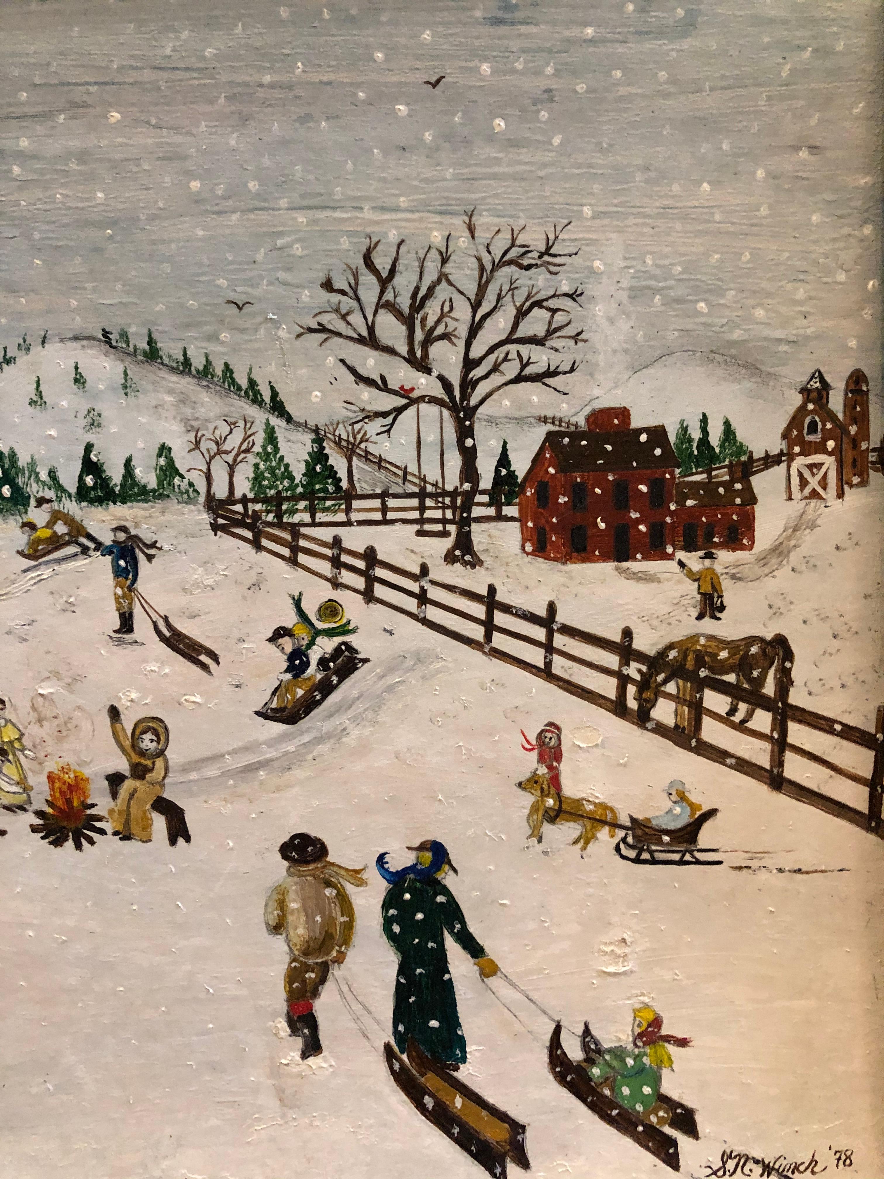 Susan Northey Winch Folk Art Winter Scene - Brown Figurative Painting by Unknown