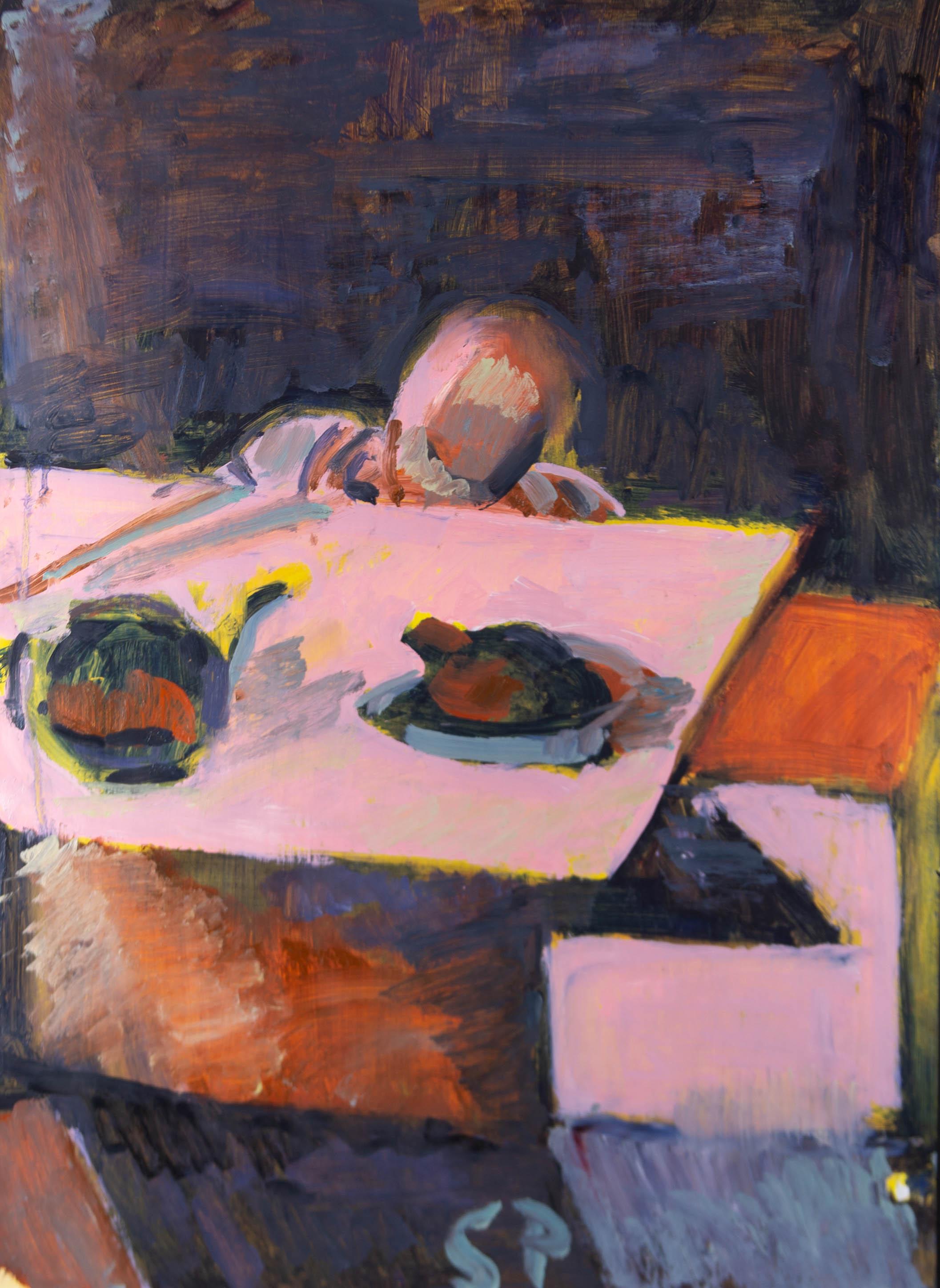 A bold and unique study by the British artist Susan Paine, depicting two saucepans and a figure at a table. This highly unique study is typical of Paine's work, and is full of expressive, loose brushwork that has produced an utterly modern