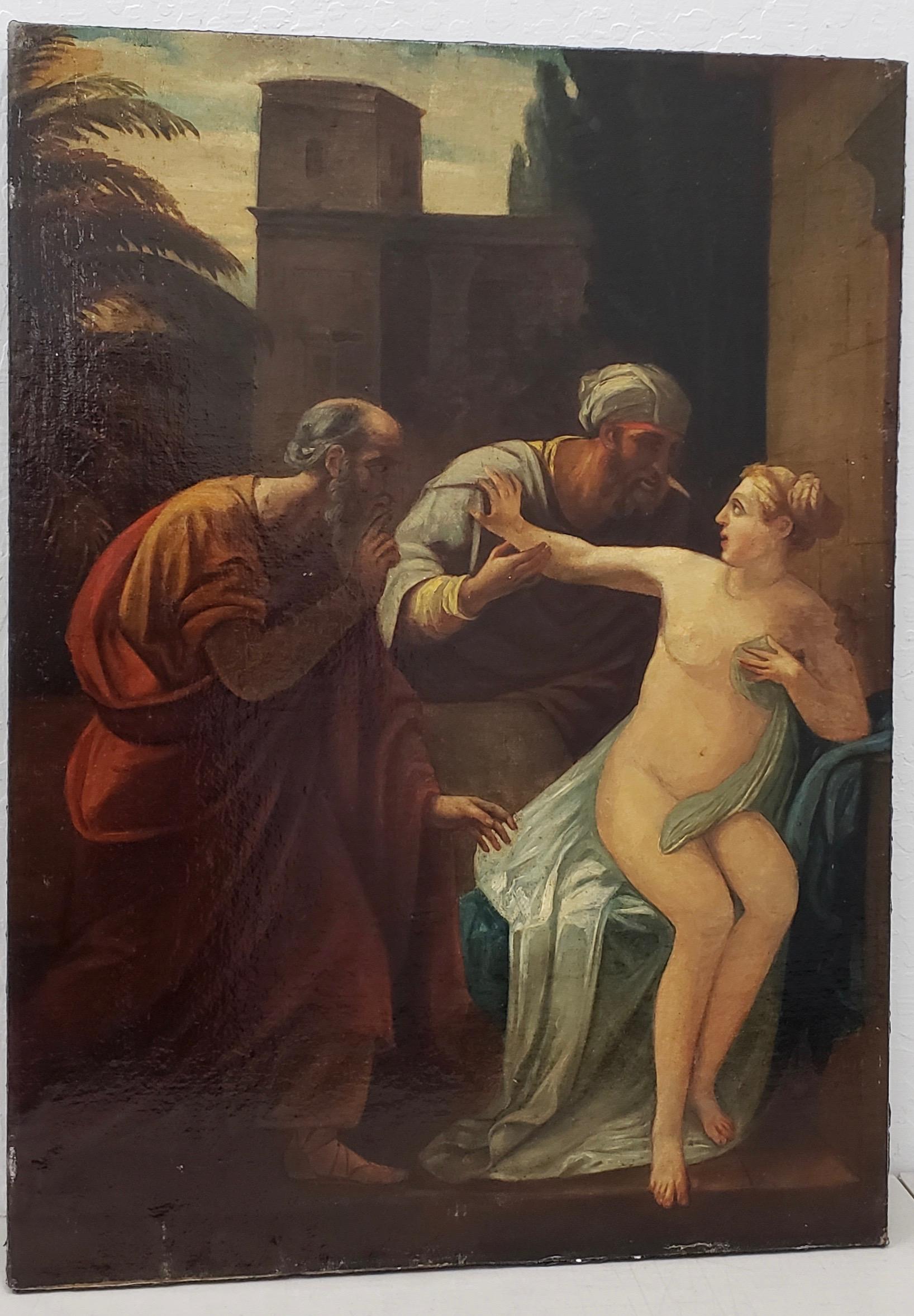 Mitte des 19. Jahrhunderts „Susanna und die Älteren“ nach dem Alten Meister von Martinelli  – Painting von Unknown