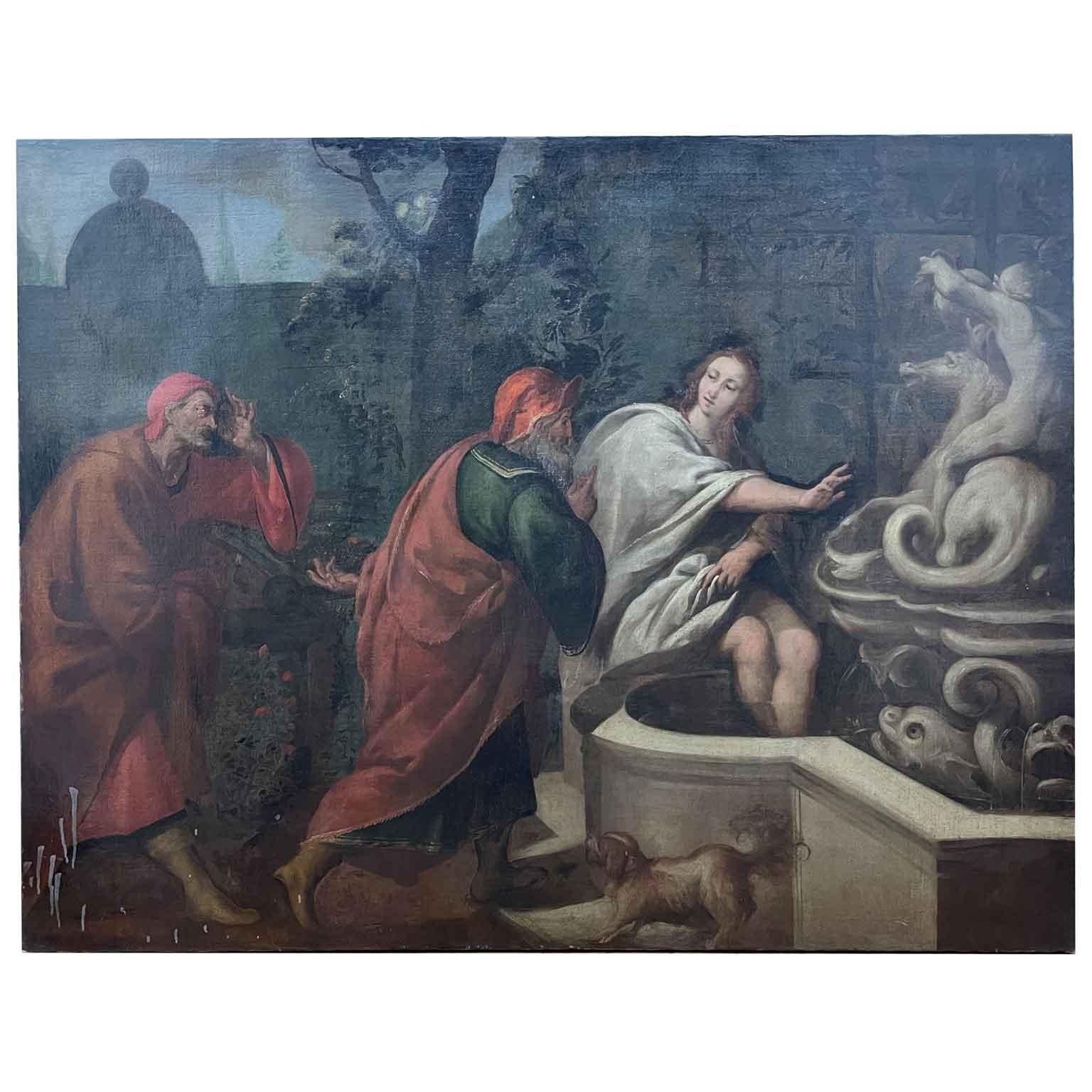 Susanna and the Old Men Biblical Scene Italian Oil Painting on Canvas 19th Century For Sale 8