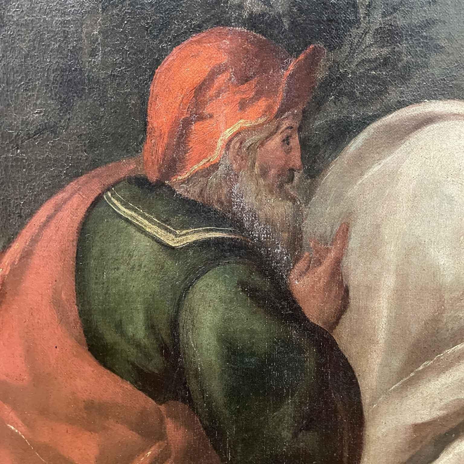 Italian Antique Oil Painting On Canvas With Biblical Scene With Characters And Architecture From the 1800s from the horizontal format depicts the scene of Susanna and the Old Testament Old Men, which among the Old Testament episodes is one of the