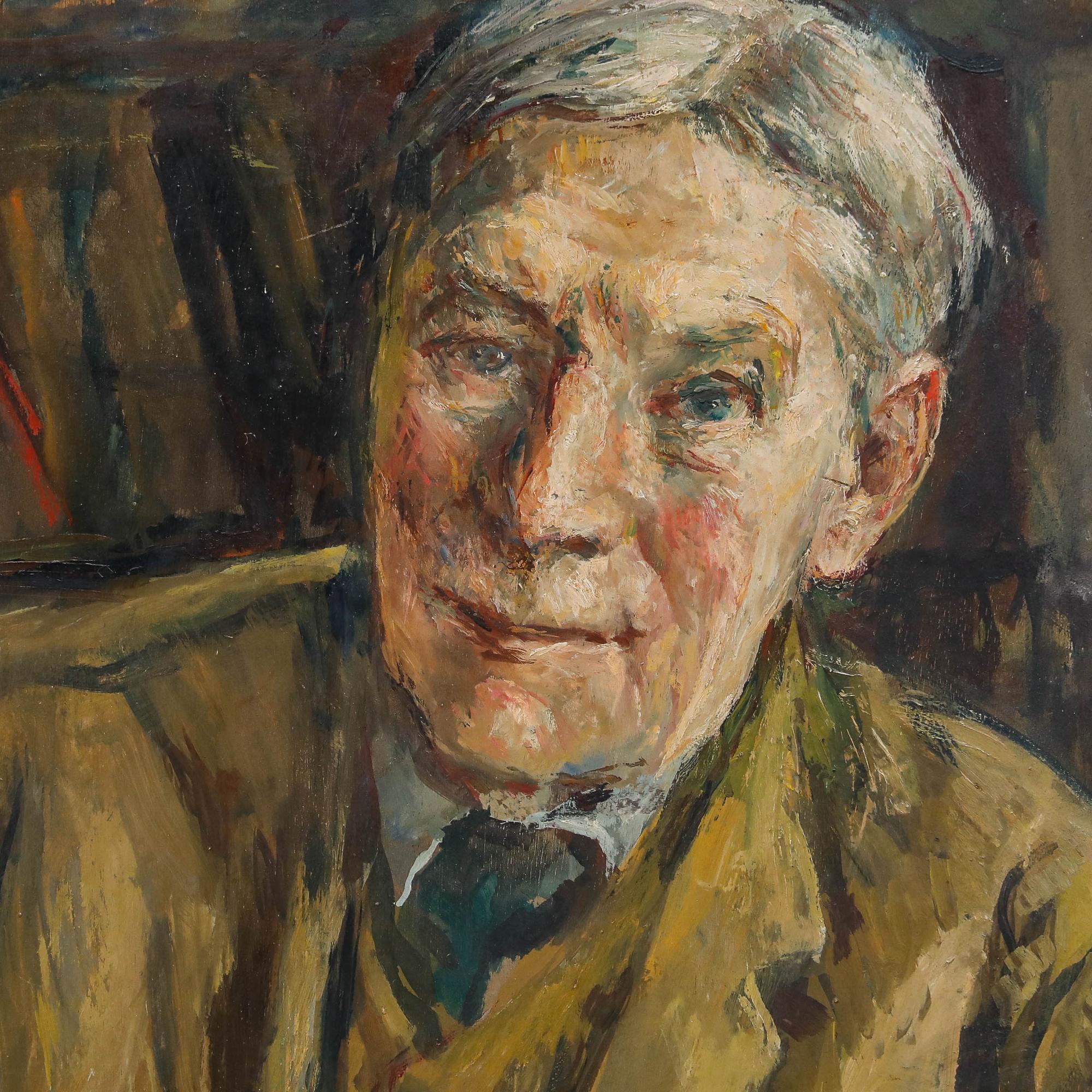 This portrait depicts an elderly gentleman seated before a backdrop of bookshelves, suggesting an academic or literary setting. The brushwork is expressive, with warm earth tones dominating the palette, creating a sense of depth and character in the
