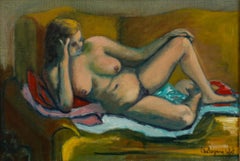 Suzanne Deluzanne-Lefort - 20th Century Oil, Nude on Yellow Sofa