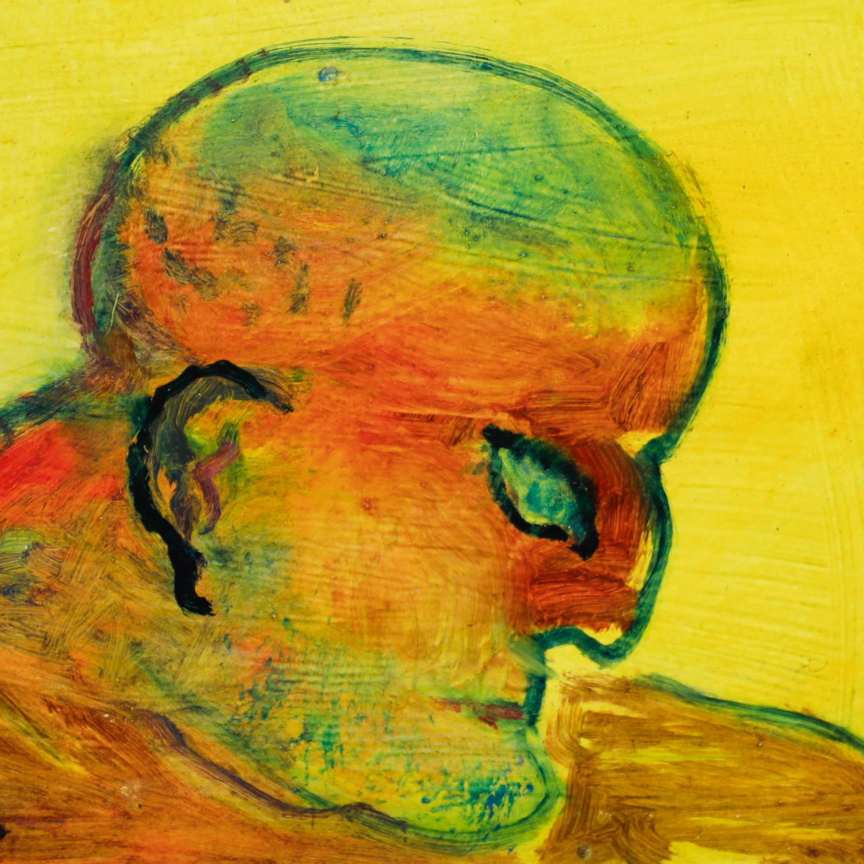 Sven Berlin (1911-1999). Originalarbeit in Öl. Männliche Kopfstudie auf Gelb. Unterschrieben. Verso mit dem Verkaufsstempel des Ateliers des Künstlers versehen. An Bord.