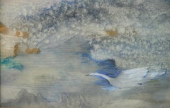 Swan In the Mist" Framed Oil Pastel Landscape, 1980s, 21.5x13