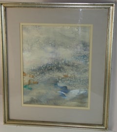 Swan In the Mist" Framed Oil Pastel Landscape, 1980s, 21.5x13