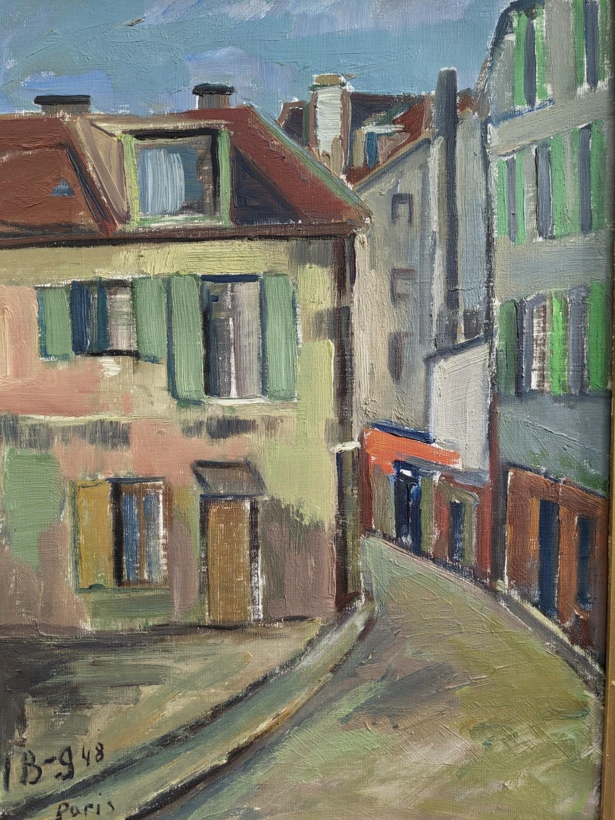 PARIS STREET WALK
Size: 60 x 48 cm (including frame)
Oil on Canvas

A charming mid century modernist style street scene composition, executed in oil onto canvas and dated 1948.

The painting depicts a colourful street scene in Paris, where rows of