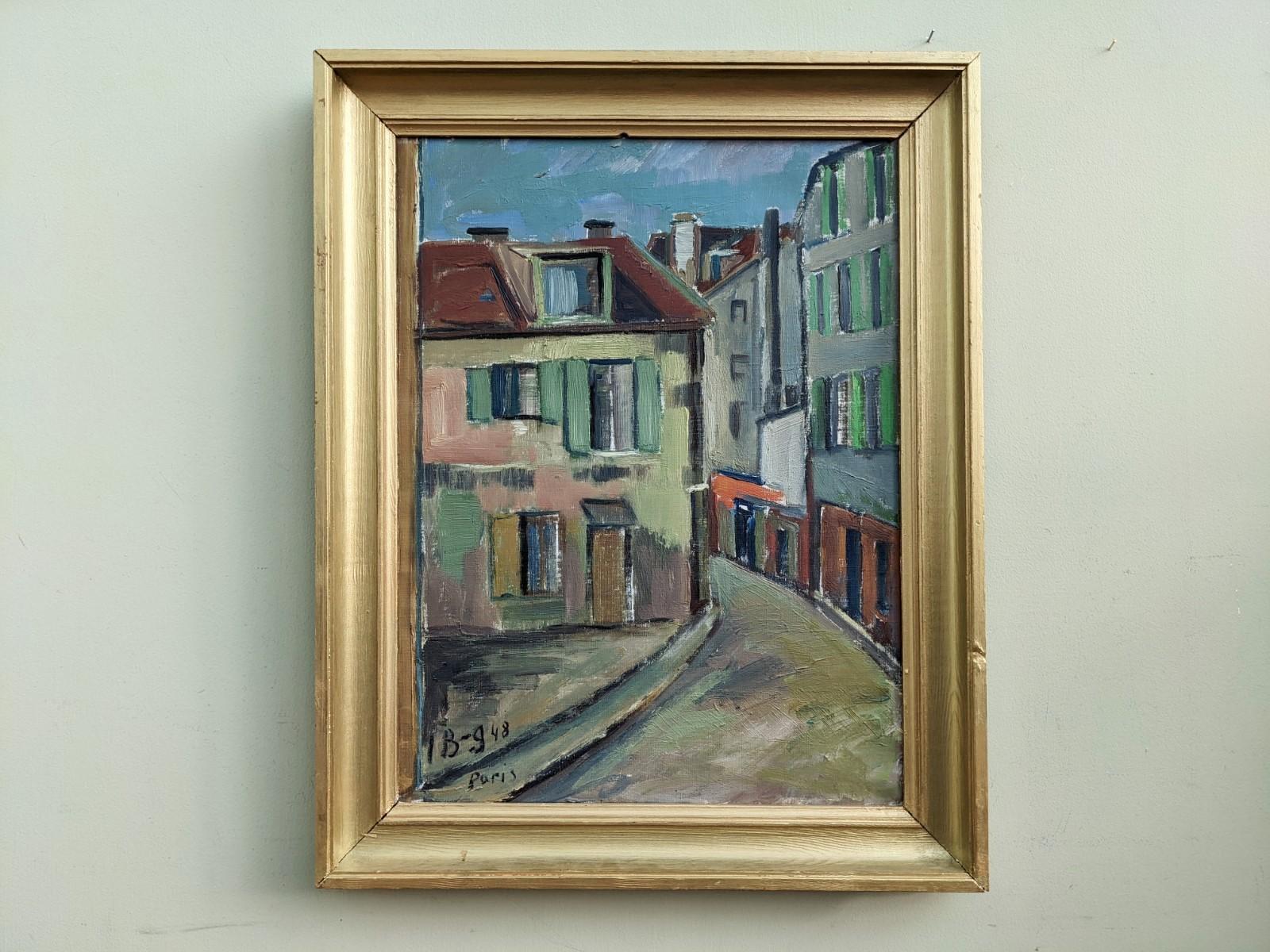 Unknown Landscape Painting - Swedish Mid-Century Modern Street Scene Framed Oil Painting, "Paris Street Walk"