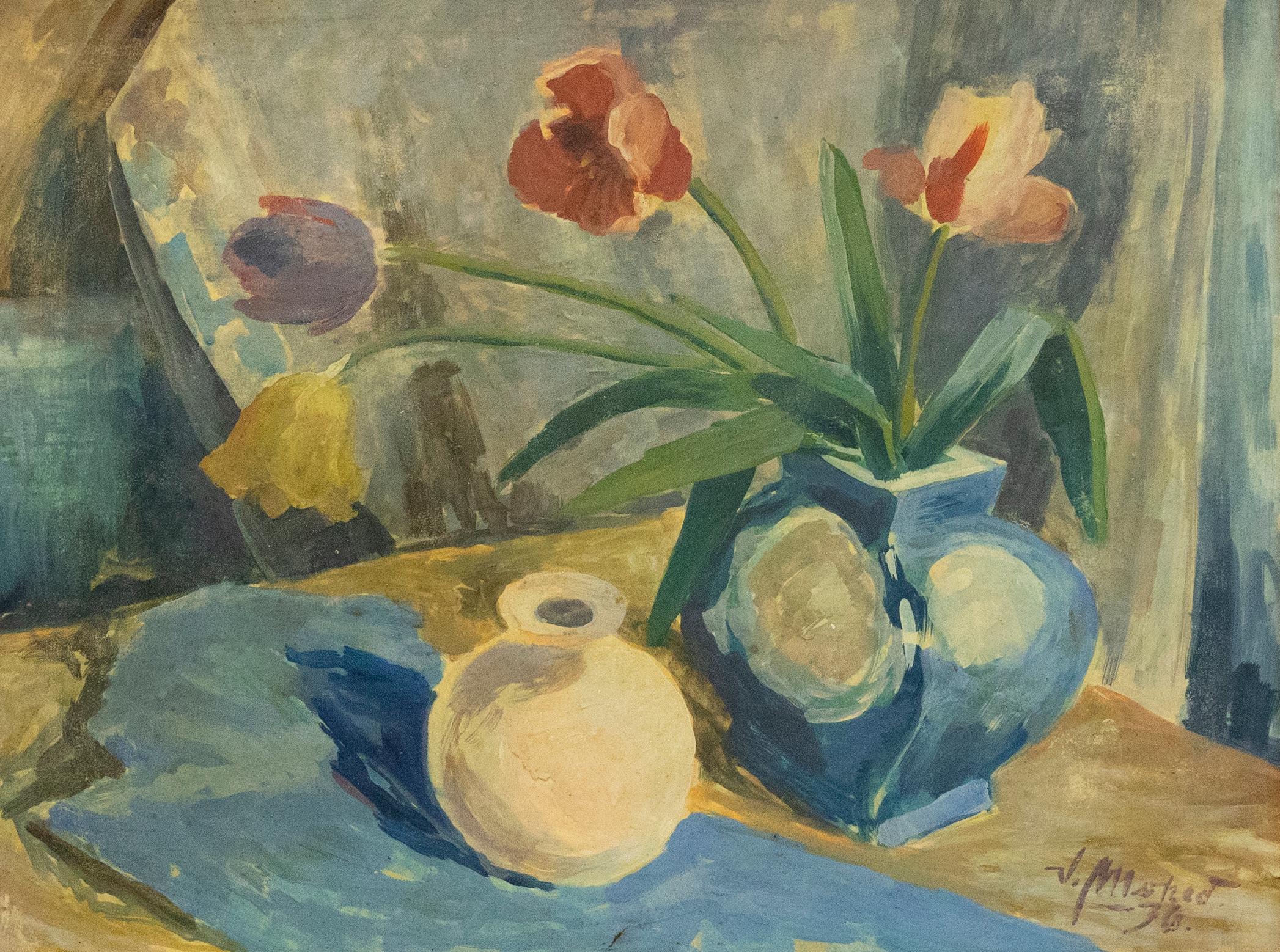 Swedish School 1936 Oil - Tulips and Ceramics - Painting by Unknown