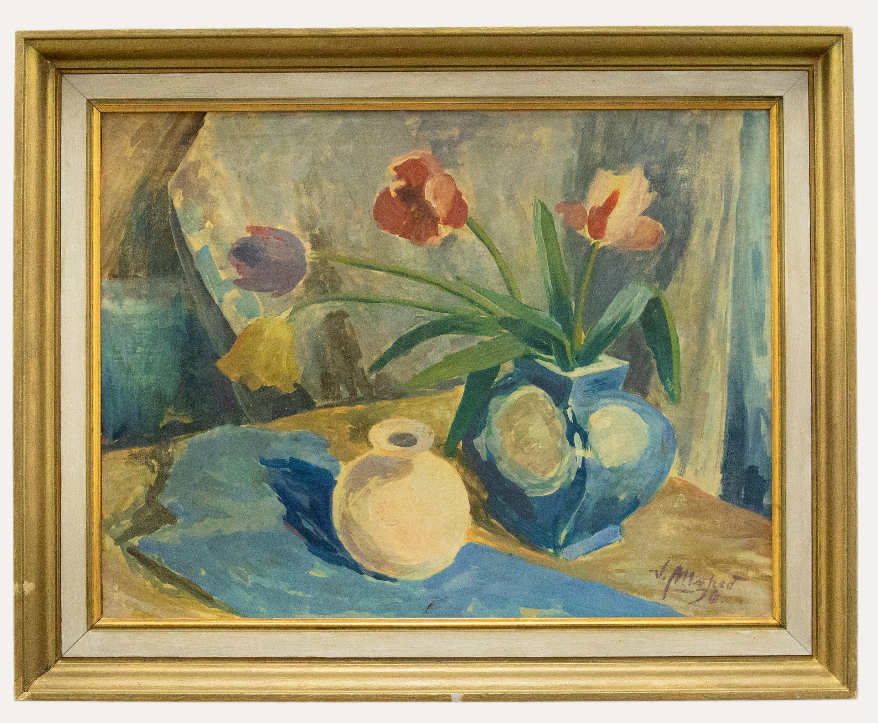 Unknown Still-Life Painting - Swedish School 1936 Oil - Tulips and Ceramics