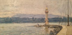 Swiss Impressionist Painting Landscape Lighthouse Pâquis Geneva Lake 20th