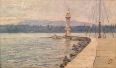 Peinture impressionniste suisse Paysage Phare Pâquis Lac Léman 20ème