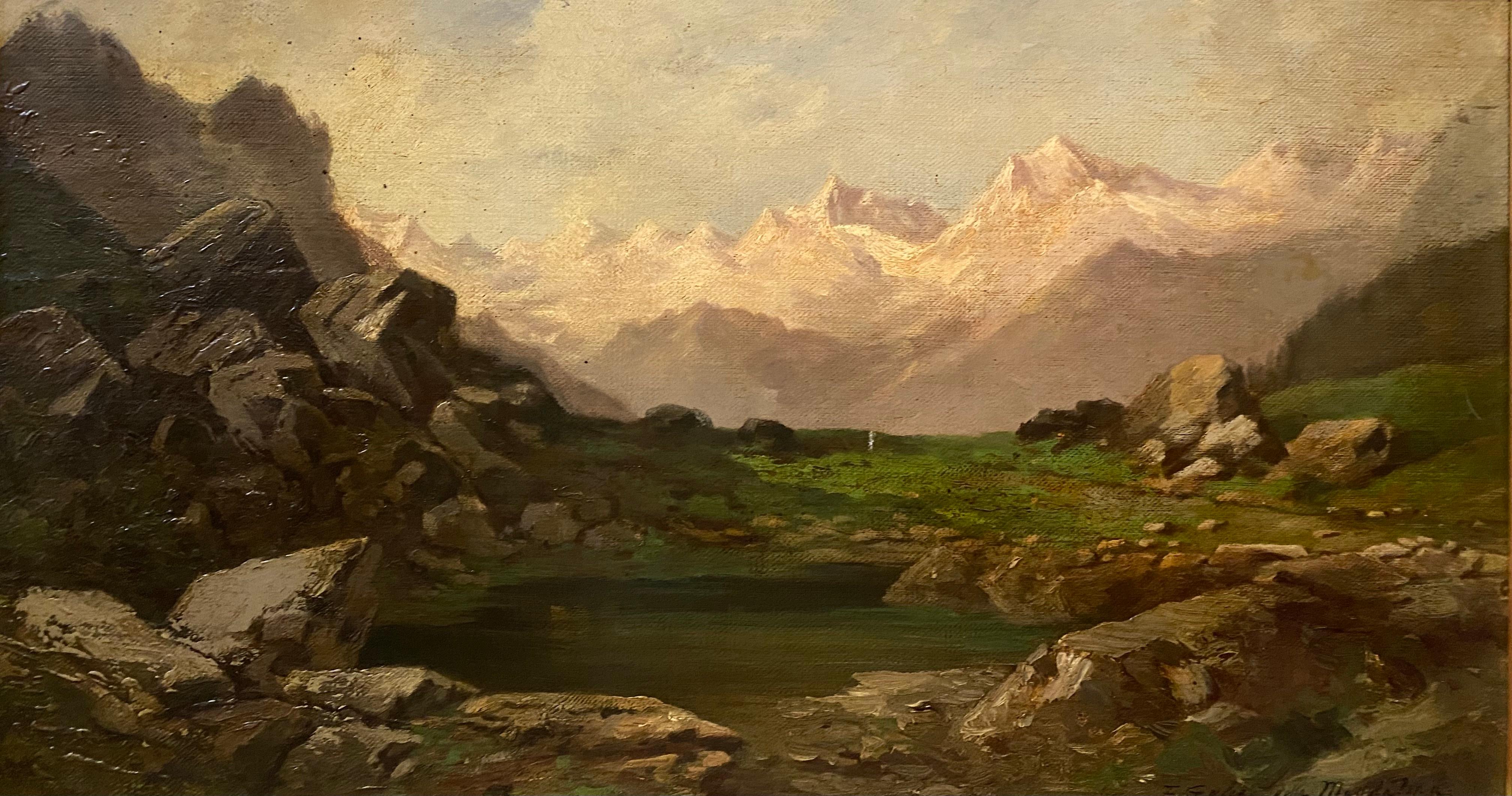 Paysage de montagne suisse - Huile sur toile 35x62 cm - Painting de Unknown