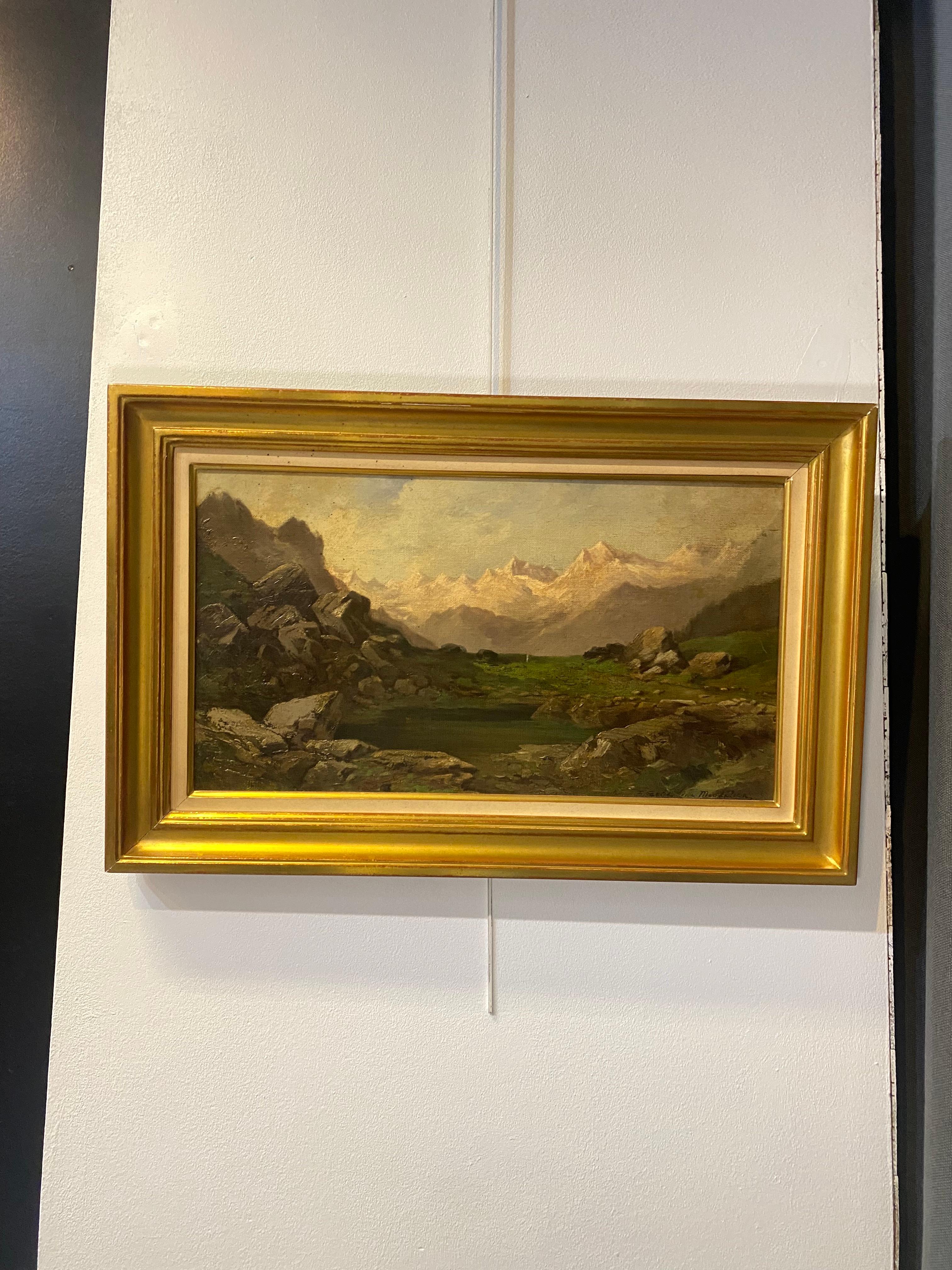 Swiss mountain landscape - Oil on canvas 35x62 cm - Modern Painting by Unknown