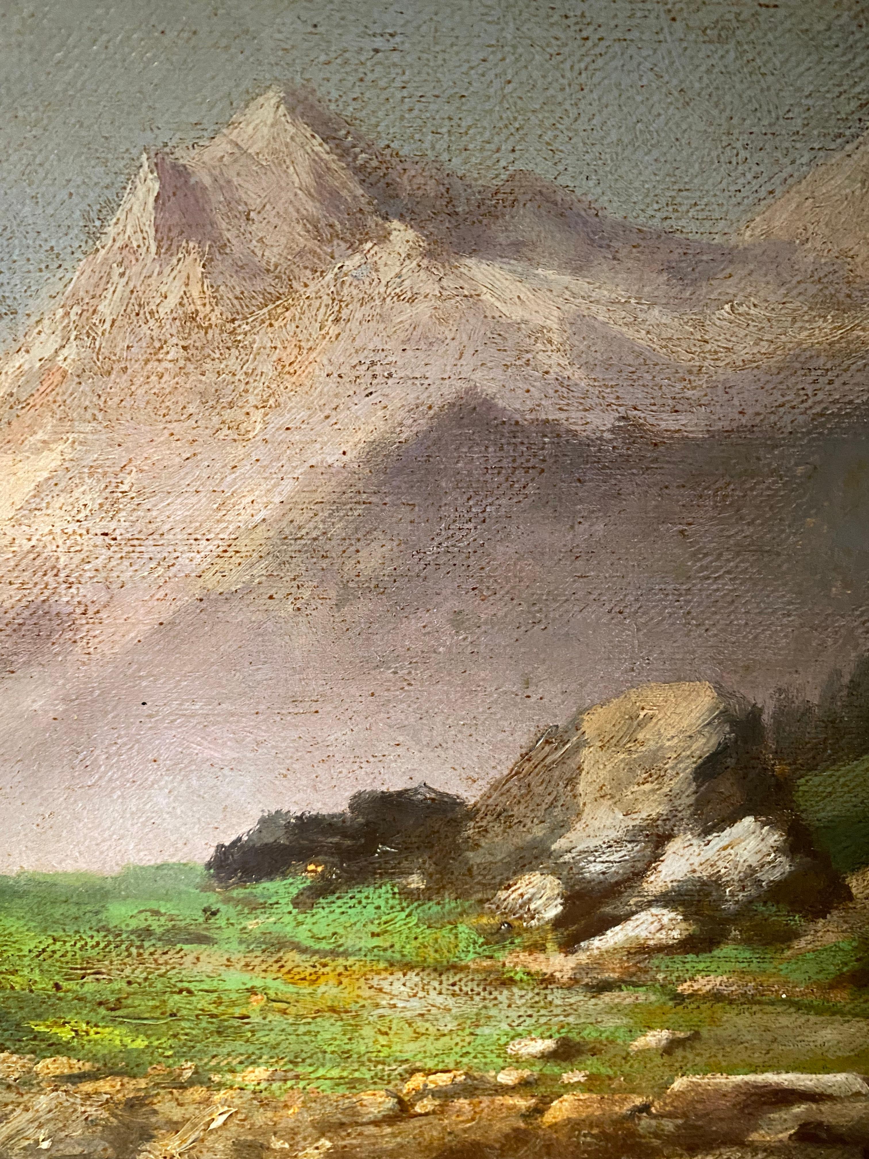 Paysage de montagne suisse - Huile sur toile 35x62 cm en vente 4
