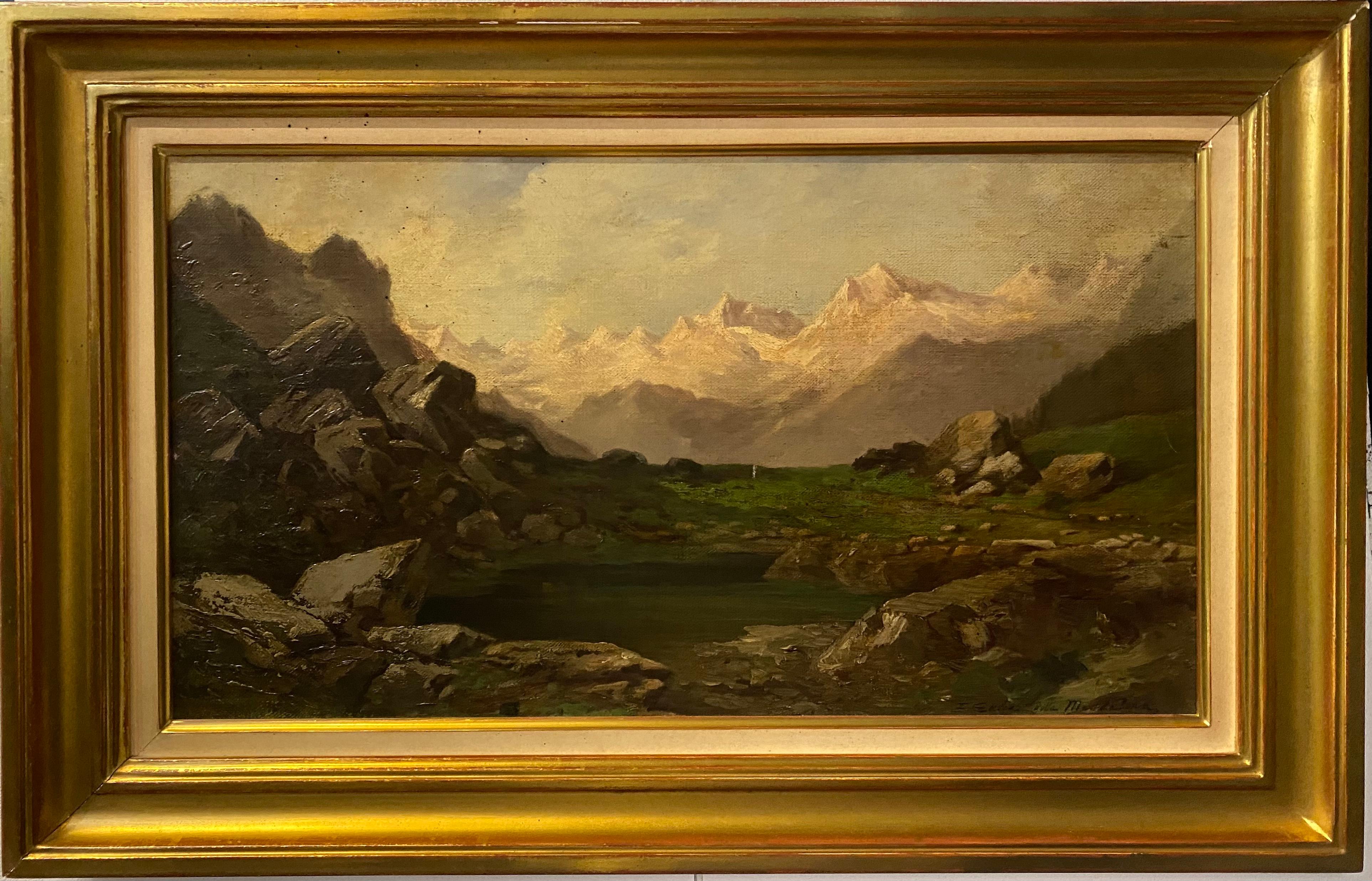 Landscape Painting Unknown - Paysage de montagne suisse - Huile sur toile 35x62 cm