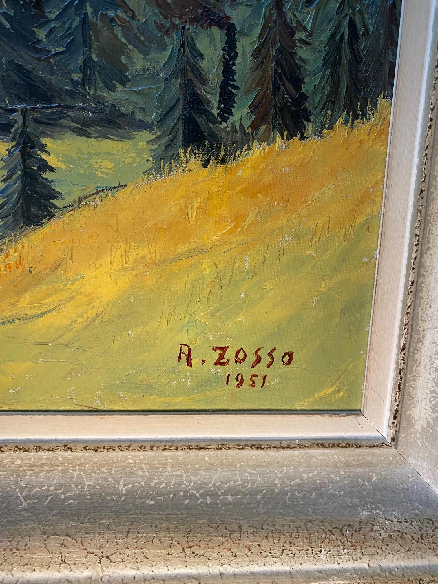 Montagne svizzere di A. Zosso - Olio su tela 46x55 cm in vendita 1