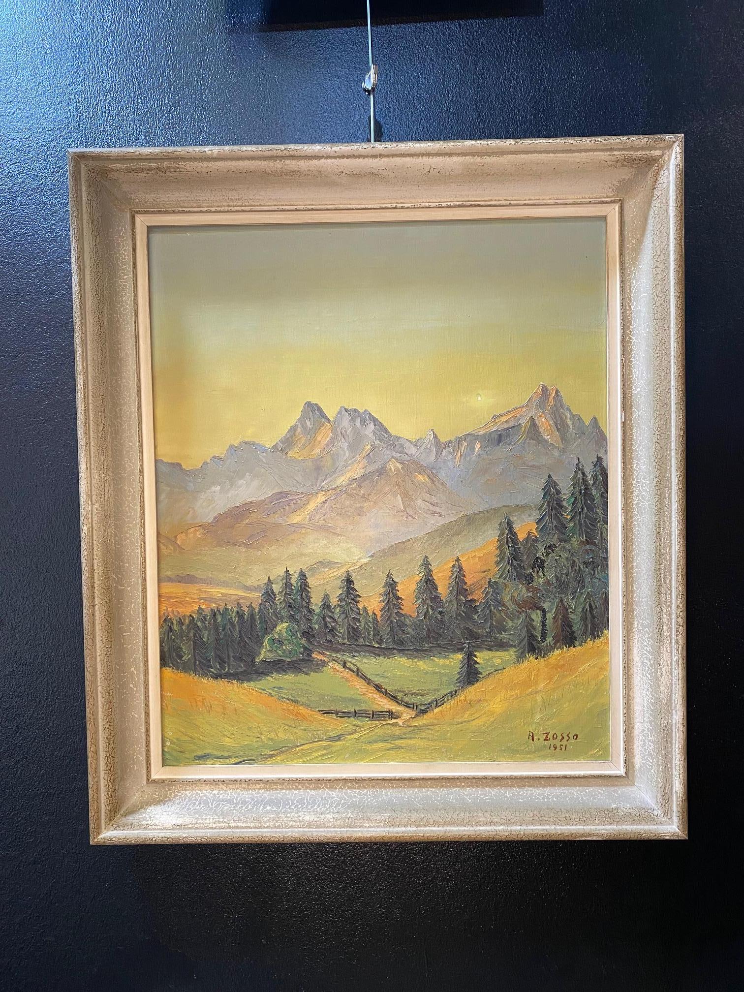 Montagne svizzere di A. Zosso - Olio su tela 46x55 cm in vendita 2