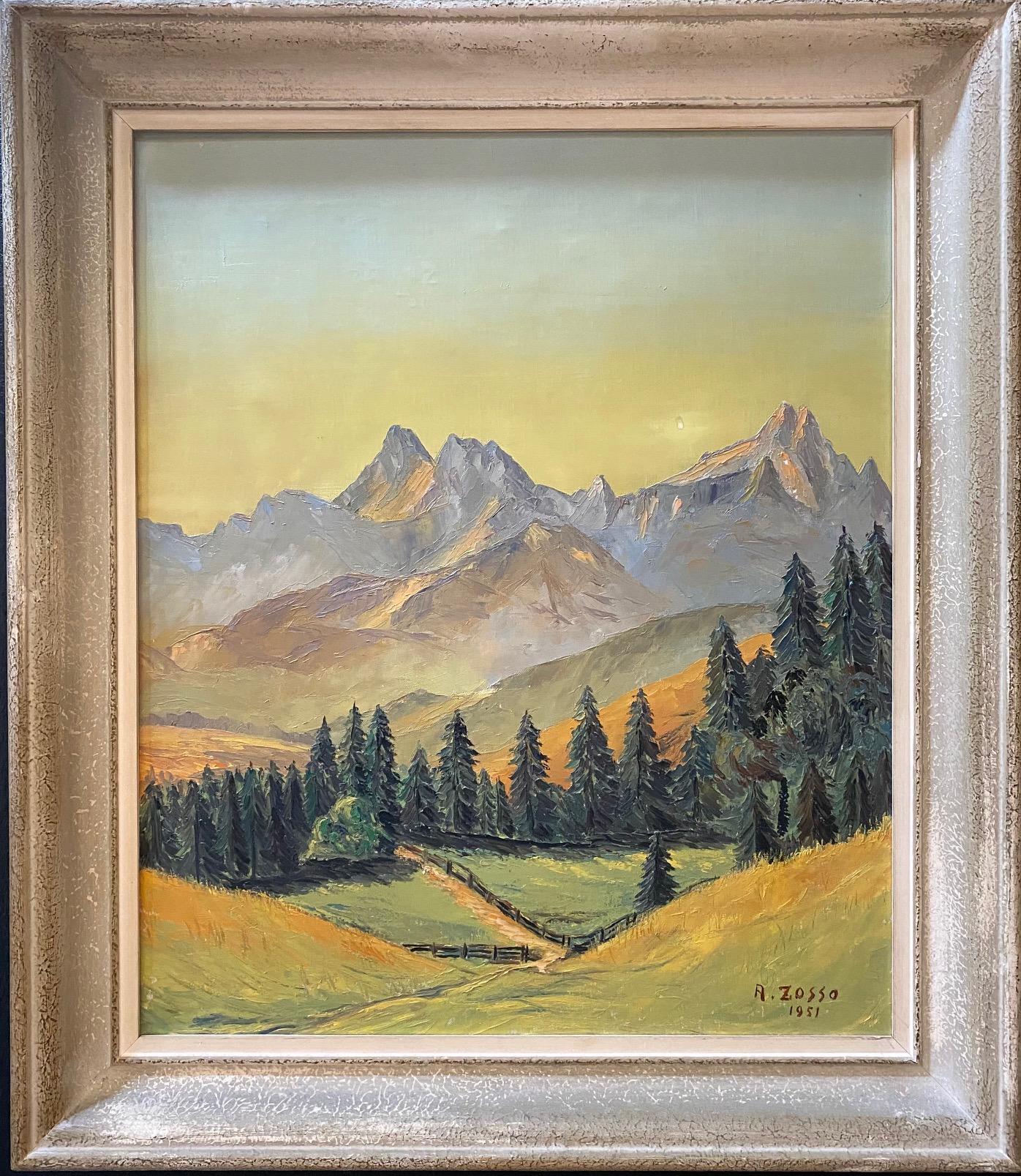 Landscape Painting di Unknown - Montagne svizzere di A. Zosso - Olio su tela 46x55 cm