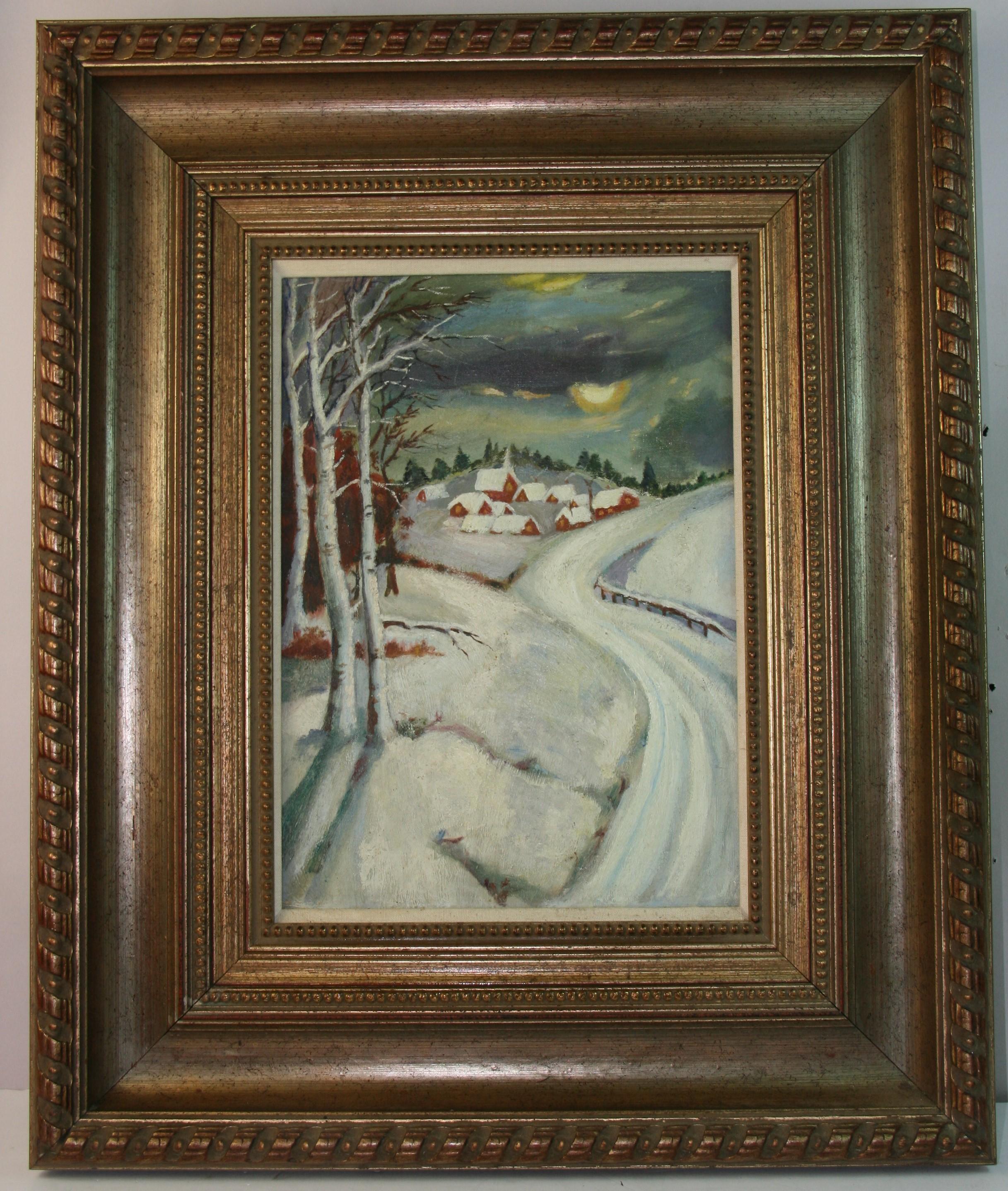 Schweizer Vintage Snow Caped Alpine Village Langscape – Painting von Unknown