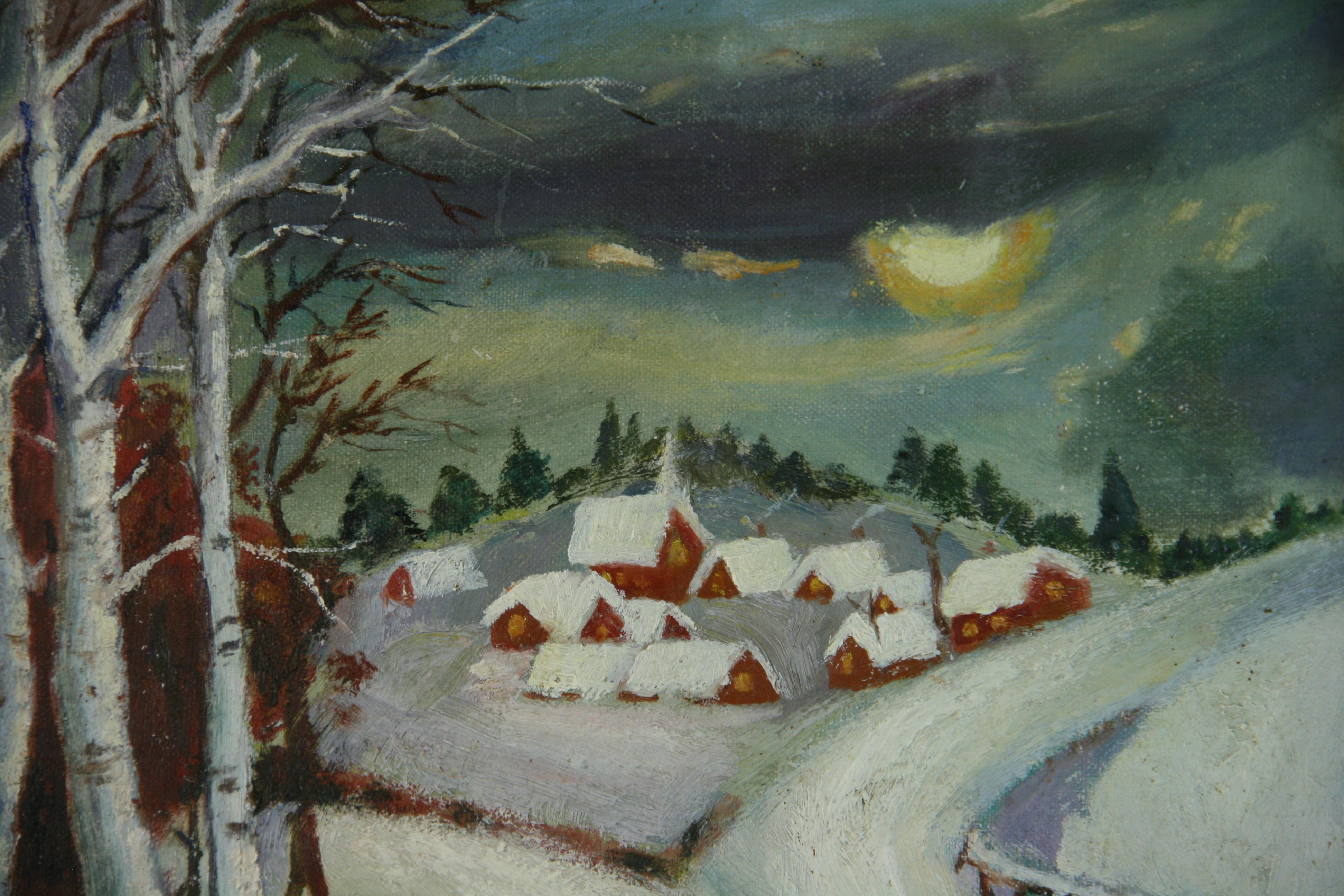 Schweizer Vintage Snow Caped Alpine Village Langscape (Grau), Landscape Painting, von Unknown