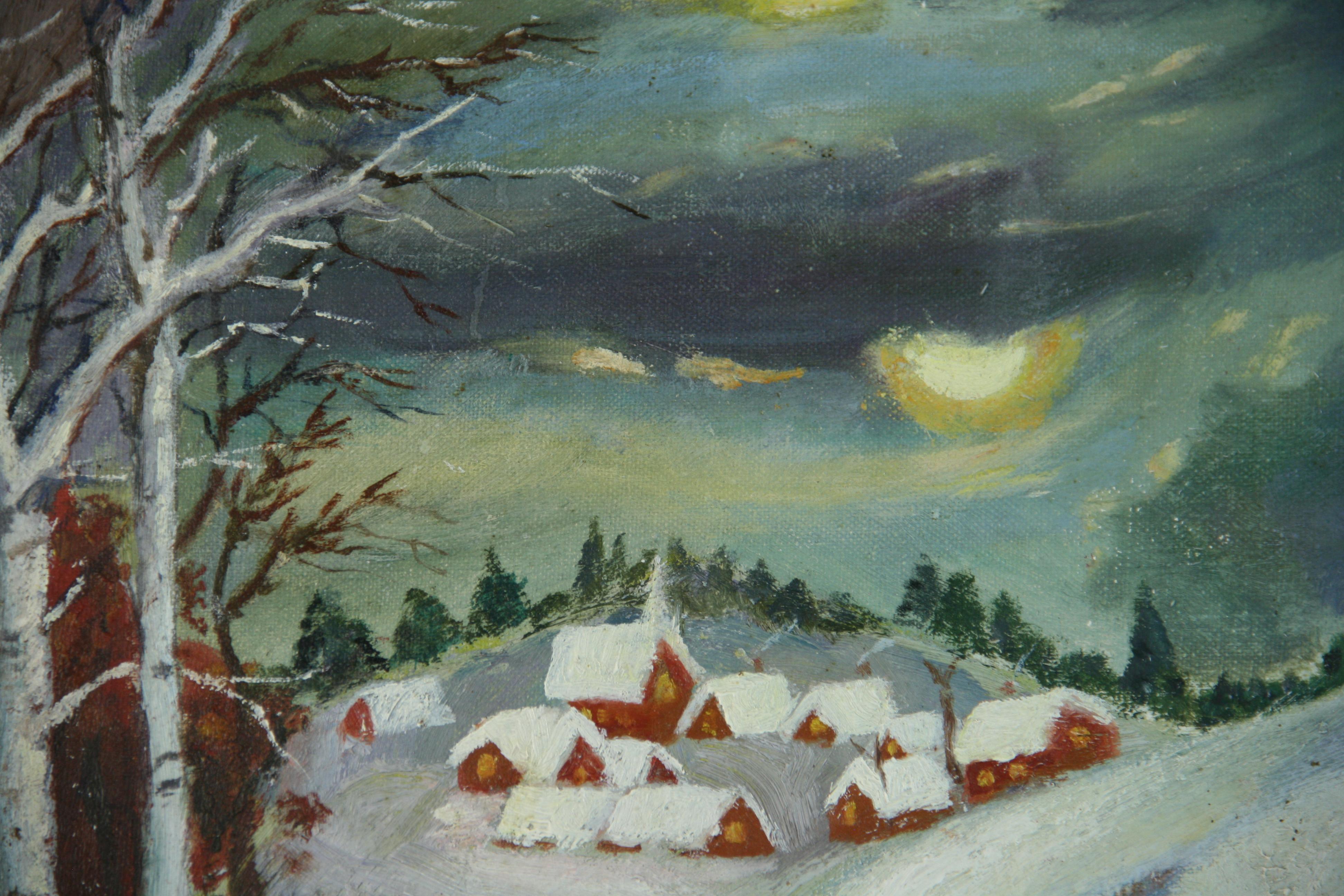 Schweizer Vintage Snow Caped Alpine Village Langscape im Angebot 1