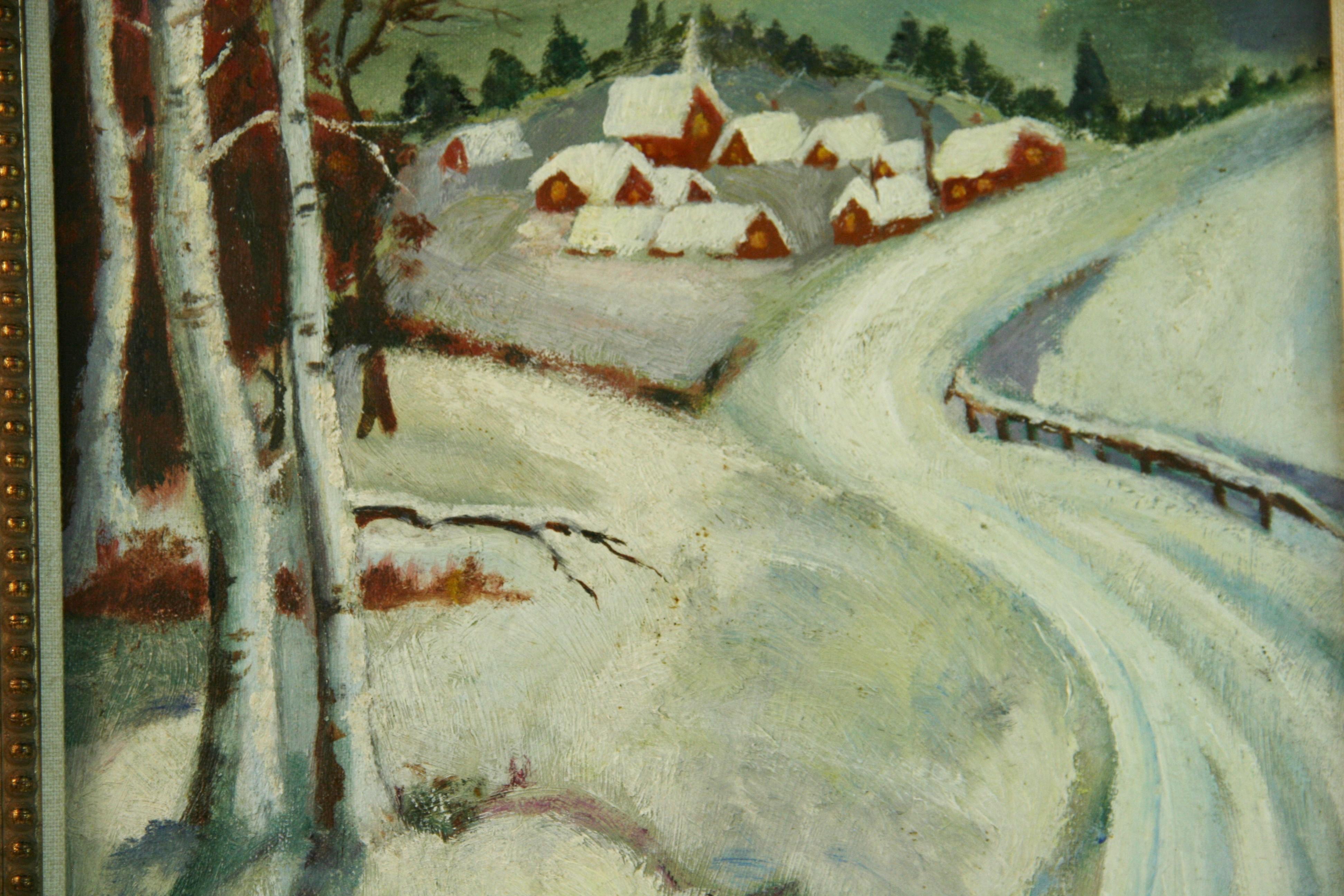 Schweizer Vintage Snow Caped Alpine Village Langscape im Angebot 2