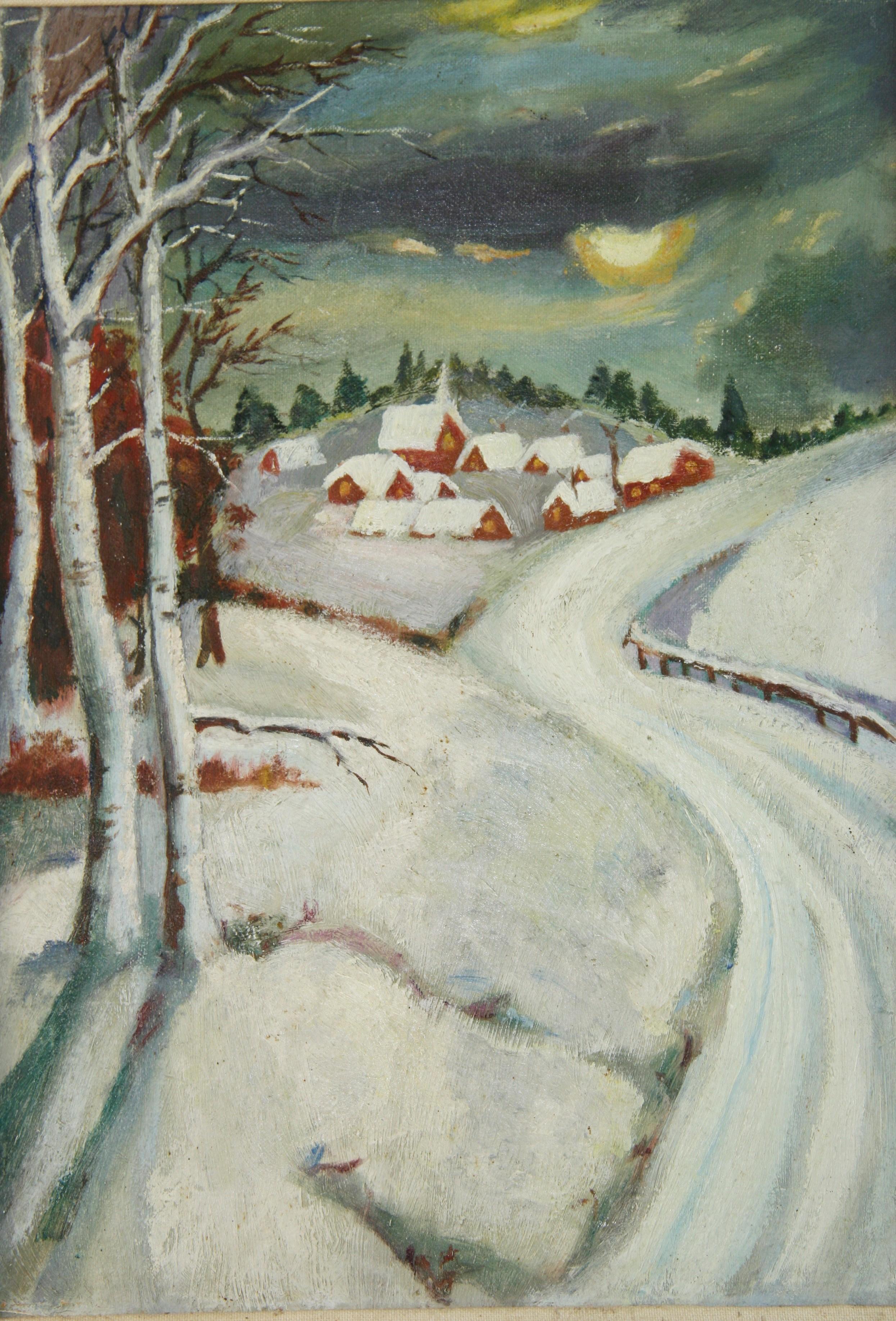 Unknown Landscape Painting – Schweizer Vintage Snow Caped Alpine Village Langscape