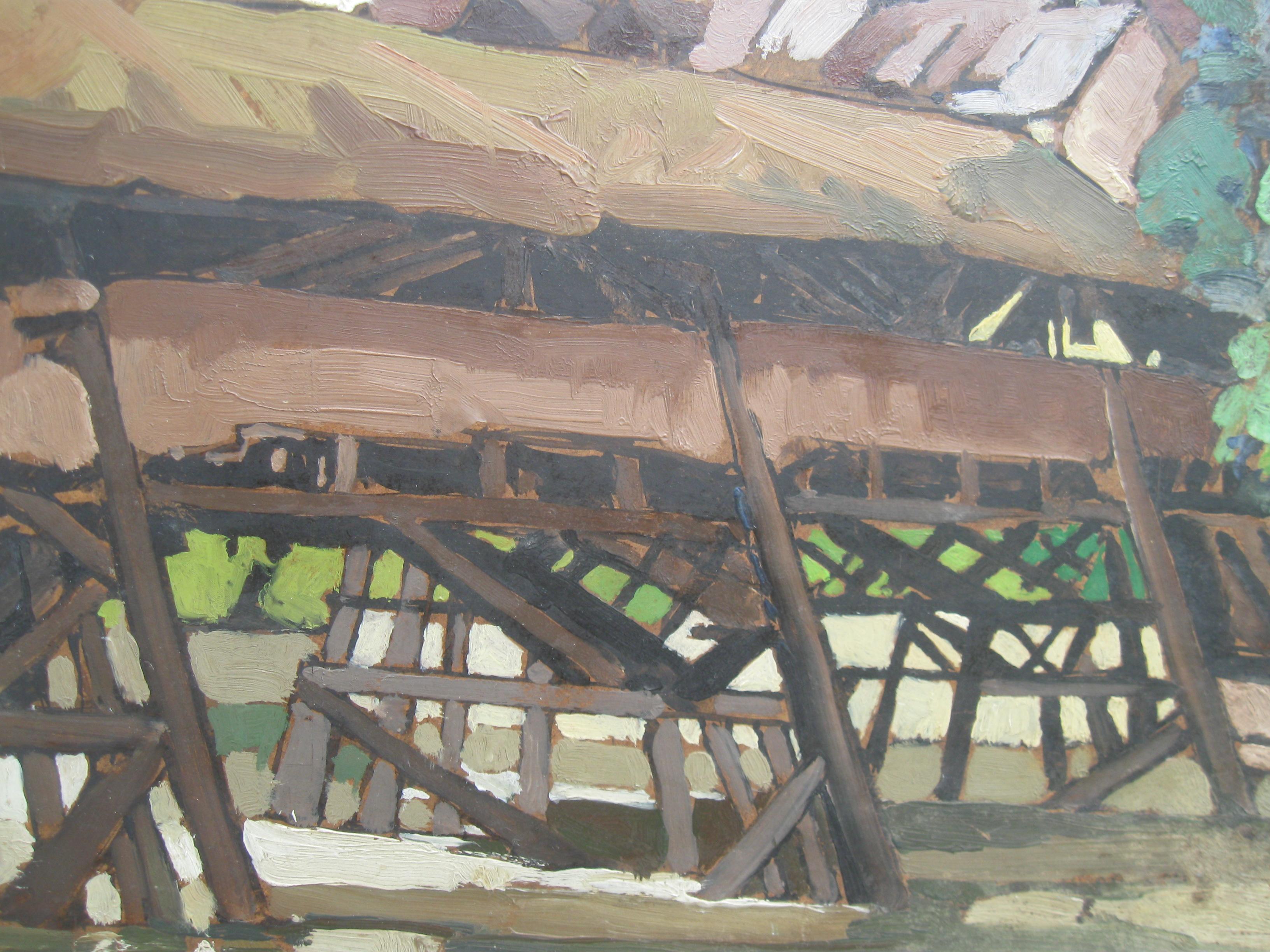 Sylvette Chanel (1953-1994)  Paesaggio francese/Città olio anni '60 circa - Landscape Painting Grigio di Unknown