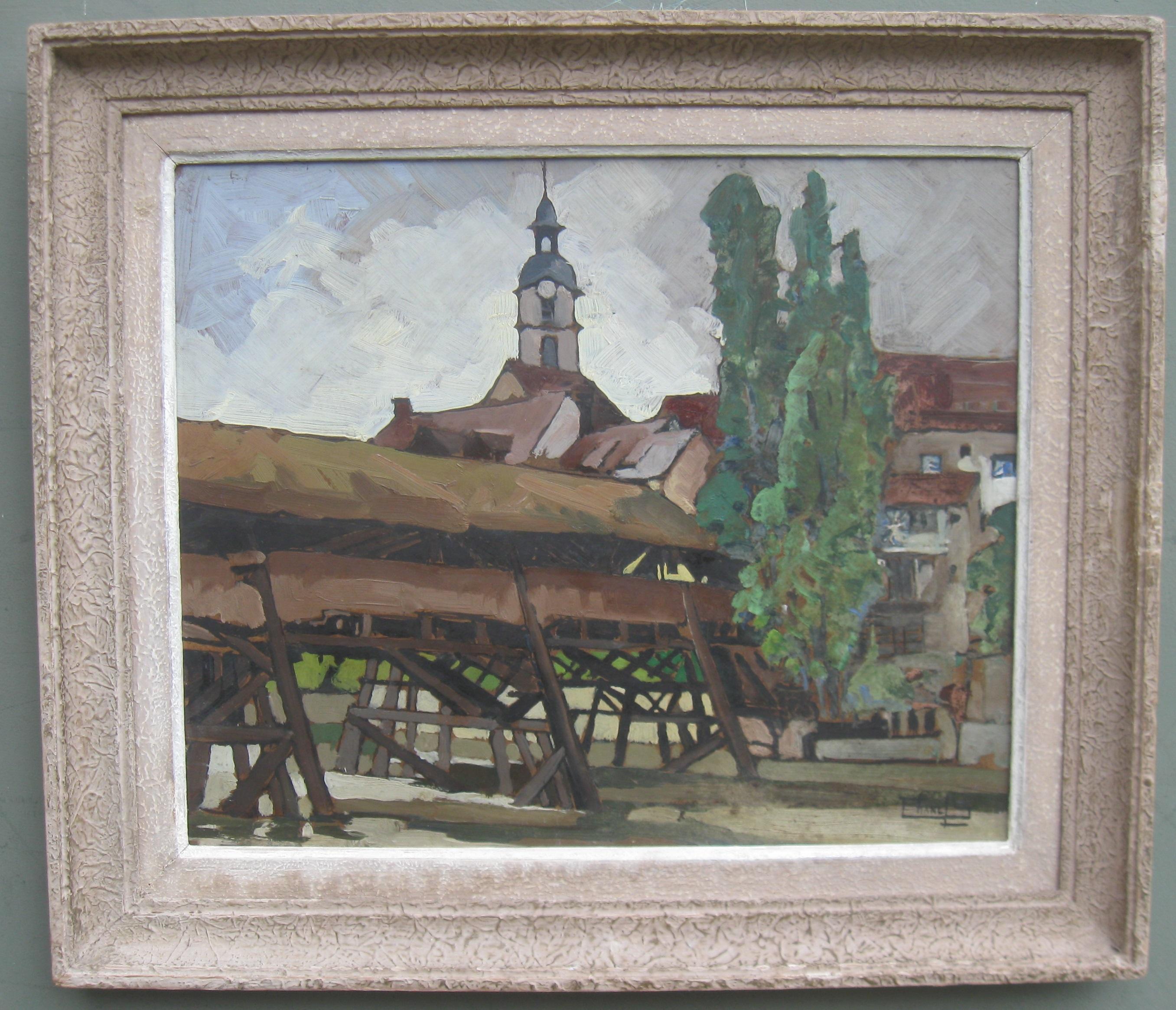 Landscape Painting di Unknown - Sylvette Chanel (1953-1994)  Paesaggio francese/Città olio anni '60 circa