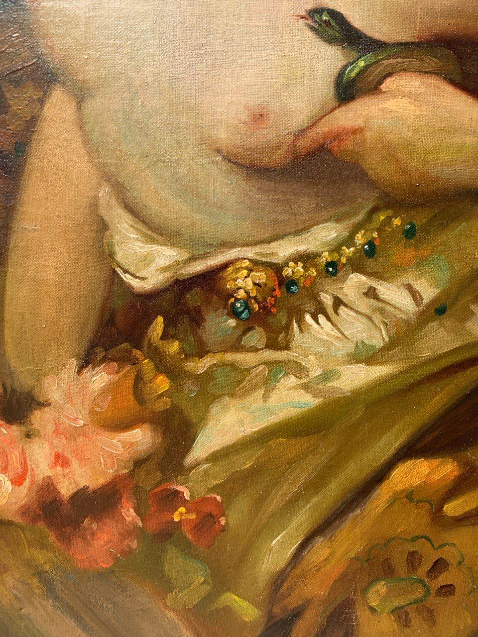 Pittore simbolista francese (XIX secolo) - Cleopatra.

80 x 60 cm senza cornice, 109 x 90 cm con cornice.

Antico dipinto a olio su tela, in cornice originale del XIX secolo.

Rapporto sulle condizioni: Tela originale. Buono stato di conservazione