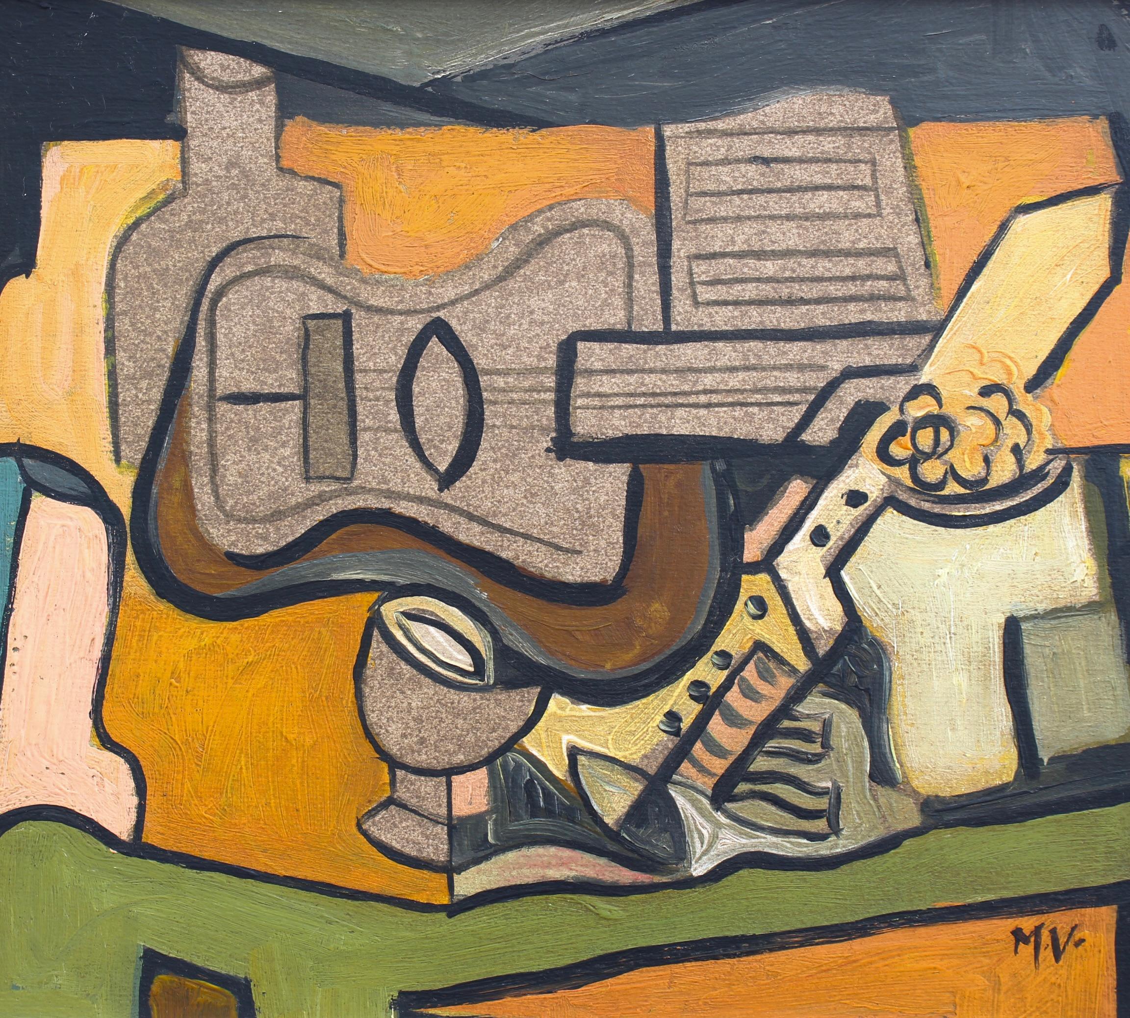'Symphony of Colour: Cubist Still Life with Guitar and Wine', Berlin School  For Sale 7