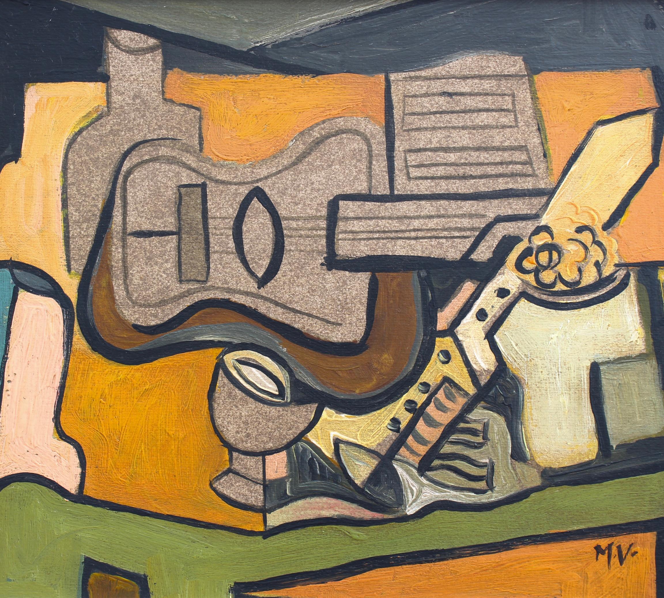 Sinfonia di colori: Natura morta cubista con chitarra e vino