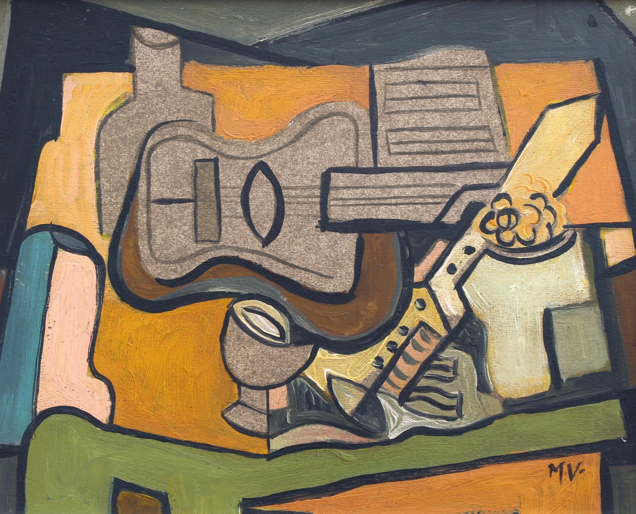 „Symphony of Colour: Kubistisches Stillleben mit Gitarre und Wein“, Berliner Schule  – Painting von Unknown