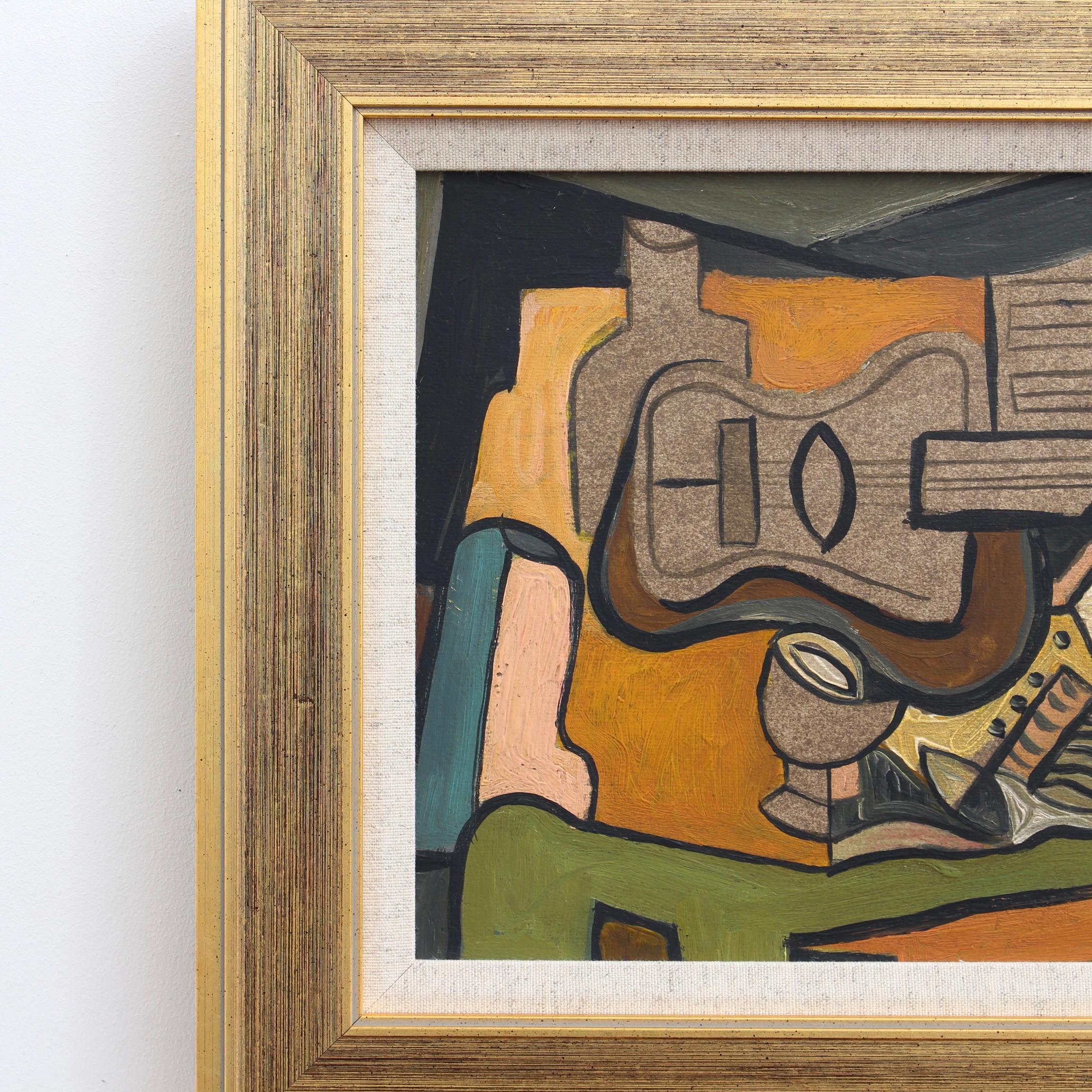 'Symphony of Colour: Cubist Still Life with Guitar and Wine', oil on board, Berlin School, initialed 'M.V.' (circa 1960s). This artwork is a clear cubist homage to one of the founders of the movement, Juan Gris (1887-1927). Cubism started with