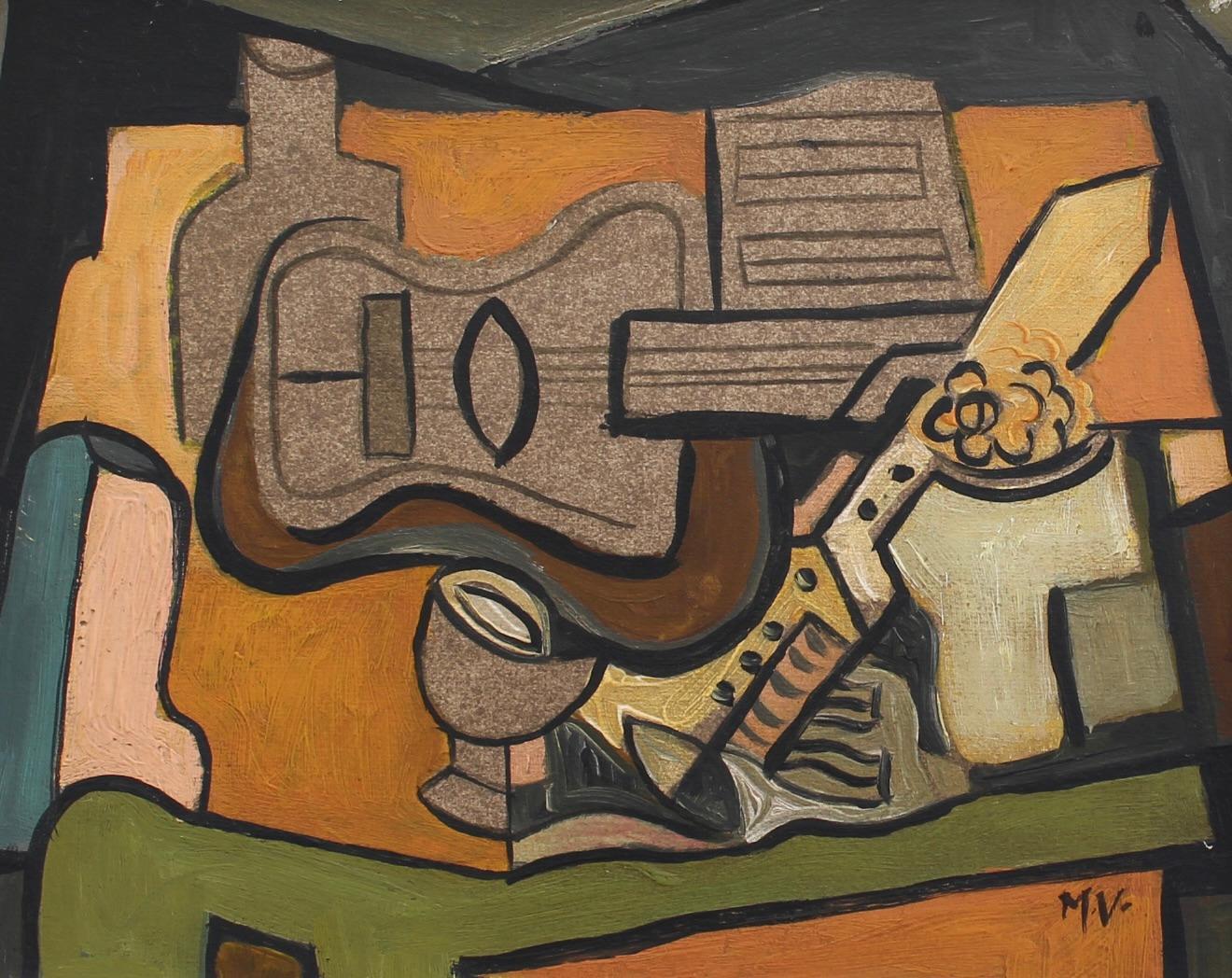 Sinfonia di colori: Natura morta cubista con chitarra e vino