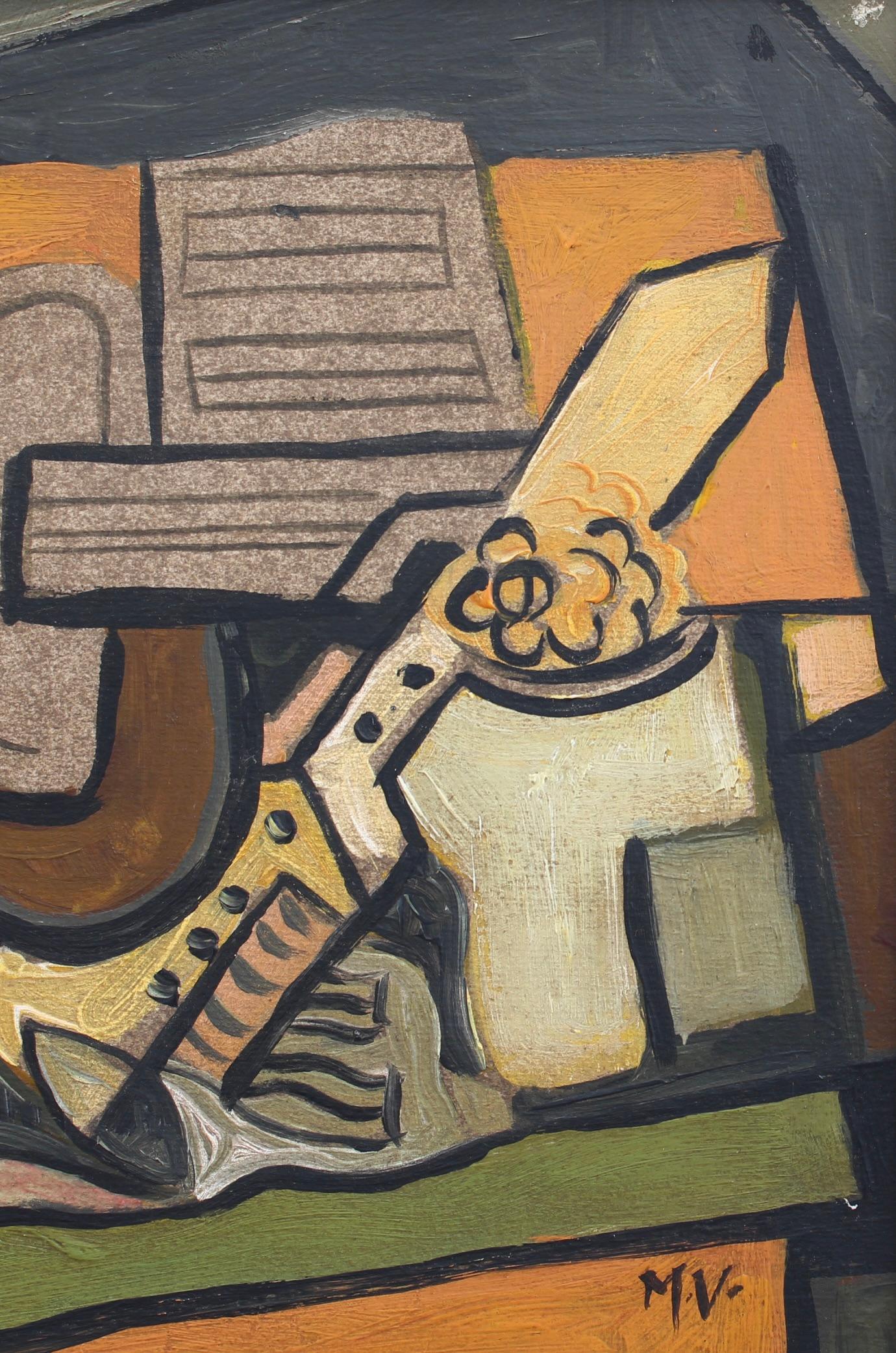 'Symphony of Colour: Cubist Still Life with Guitar and Wine', Berlin School  For Sale 6