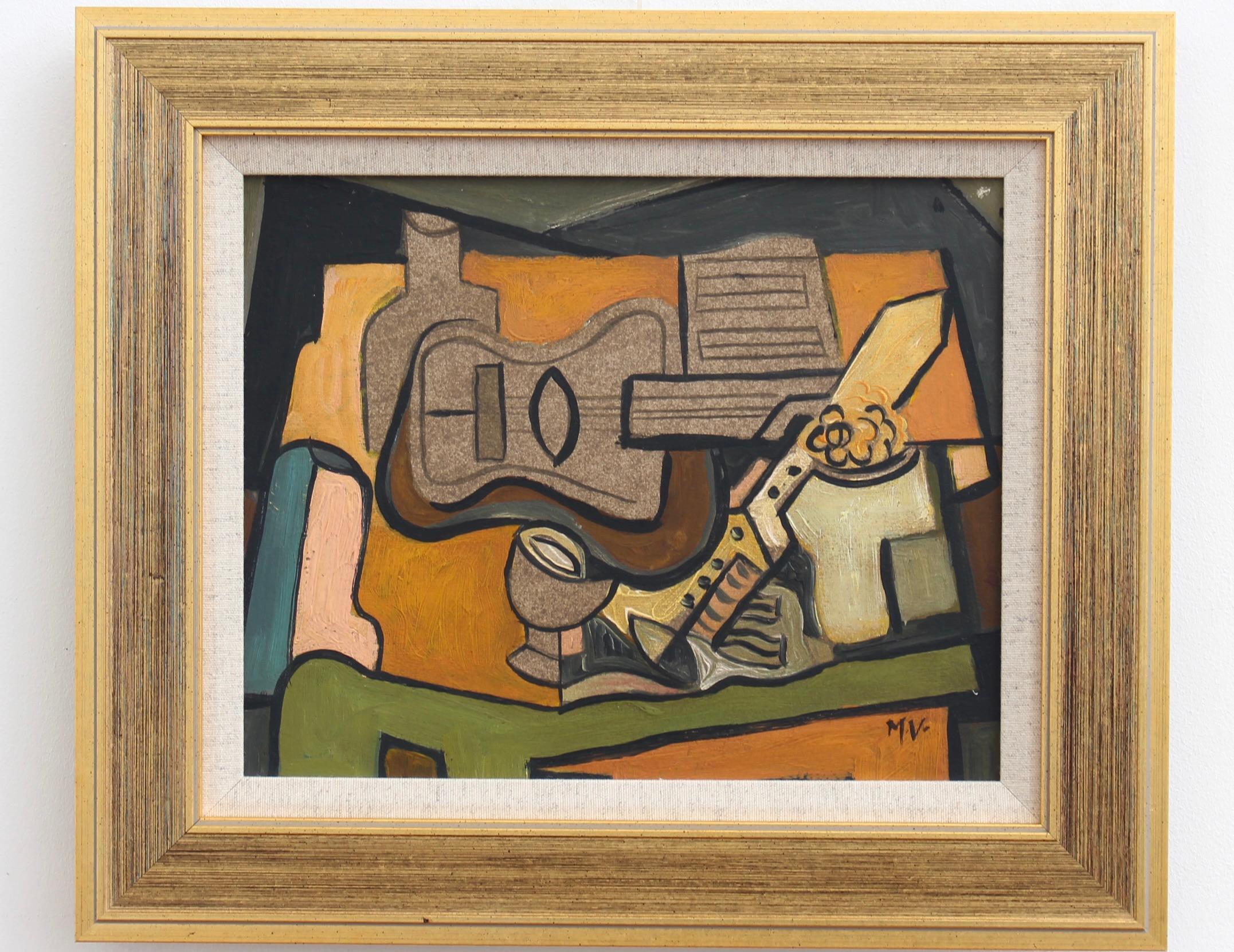 Still-Life Painting di Unknown - Sinfonia di colori: Natura morta cubista con chitarra e vino", Scuola di Berlino