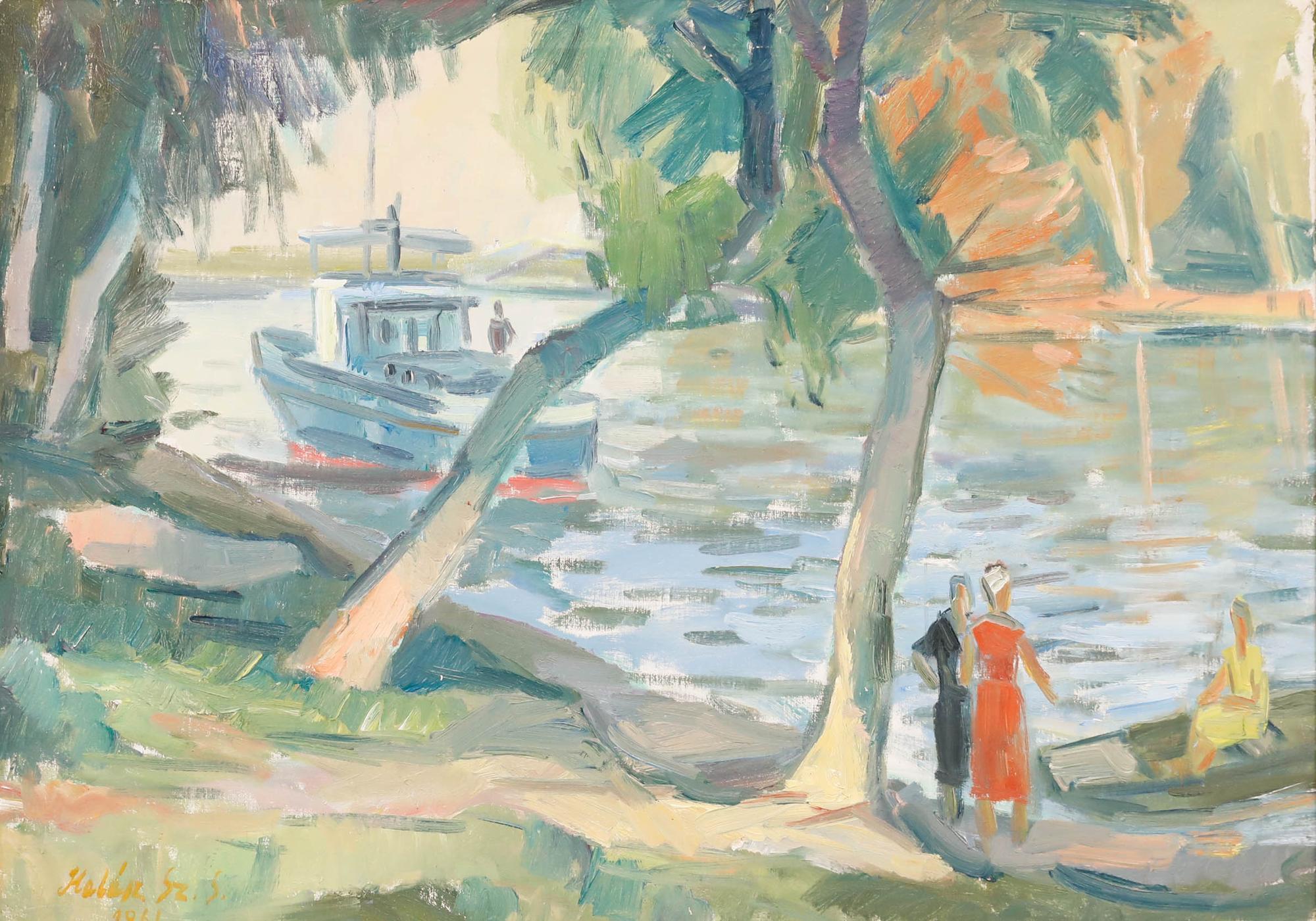 Szabò Sándor Halasz (1920-1996) - Gerahmtes Öl aus der Mitte des 20. Jahrhunderts, Flusspartie – Painting von Unknown