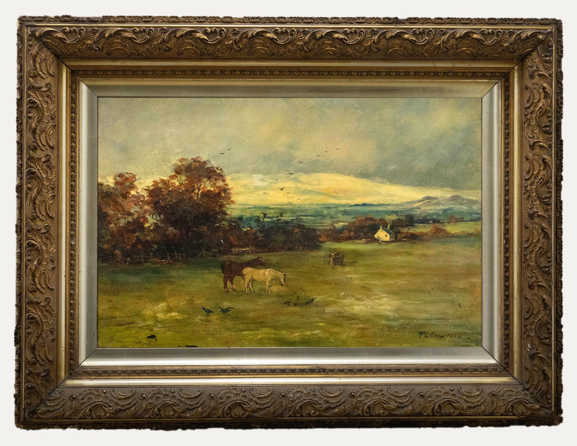 Unknown Landscape Painting - T. C. Crawford - Late 19th Century Oil, Horses in the Paddock