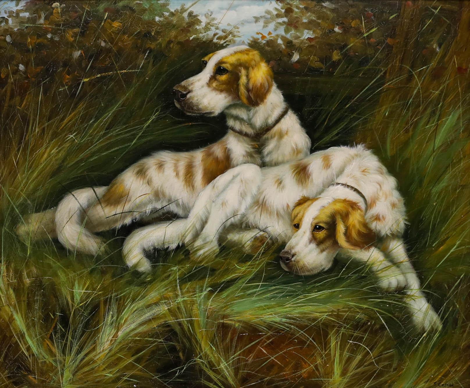 T. Cassel – Gerahmtes Ölgemälde des 20. Jahrhunderts, Jagdhunde in Ruhe, T. Cassel – Painting von Unknown