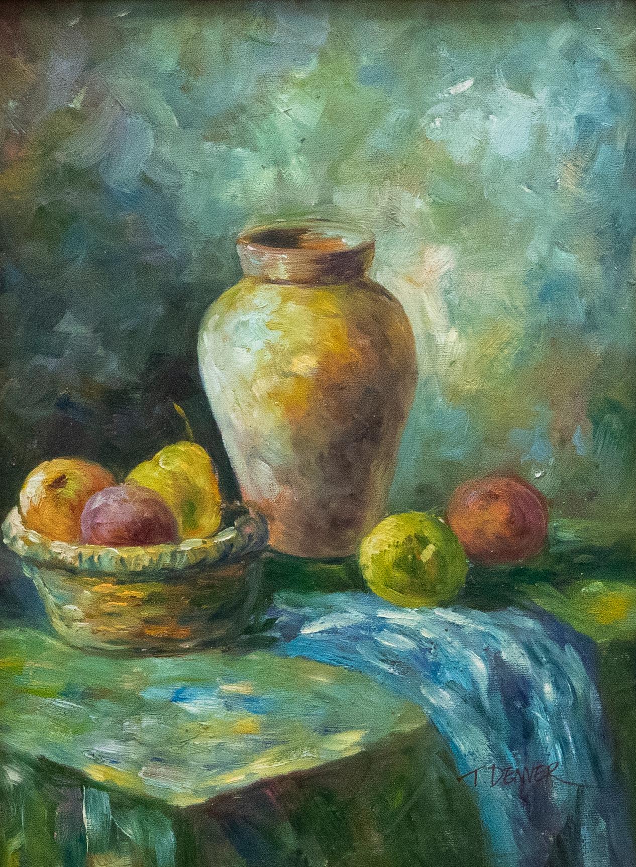 T. Denver - 20th Century Oil, Fruit on Blue - Painting by Unknown