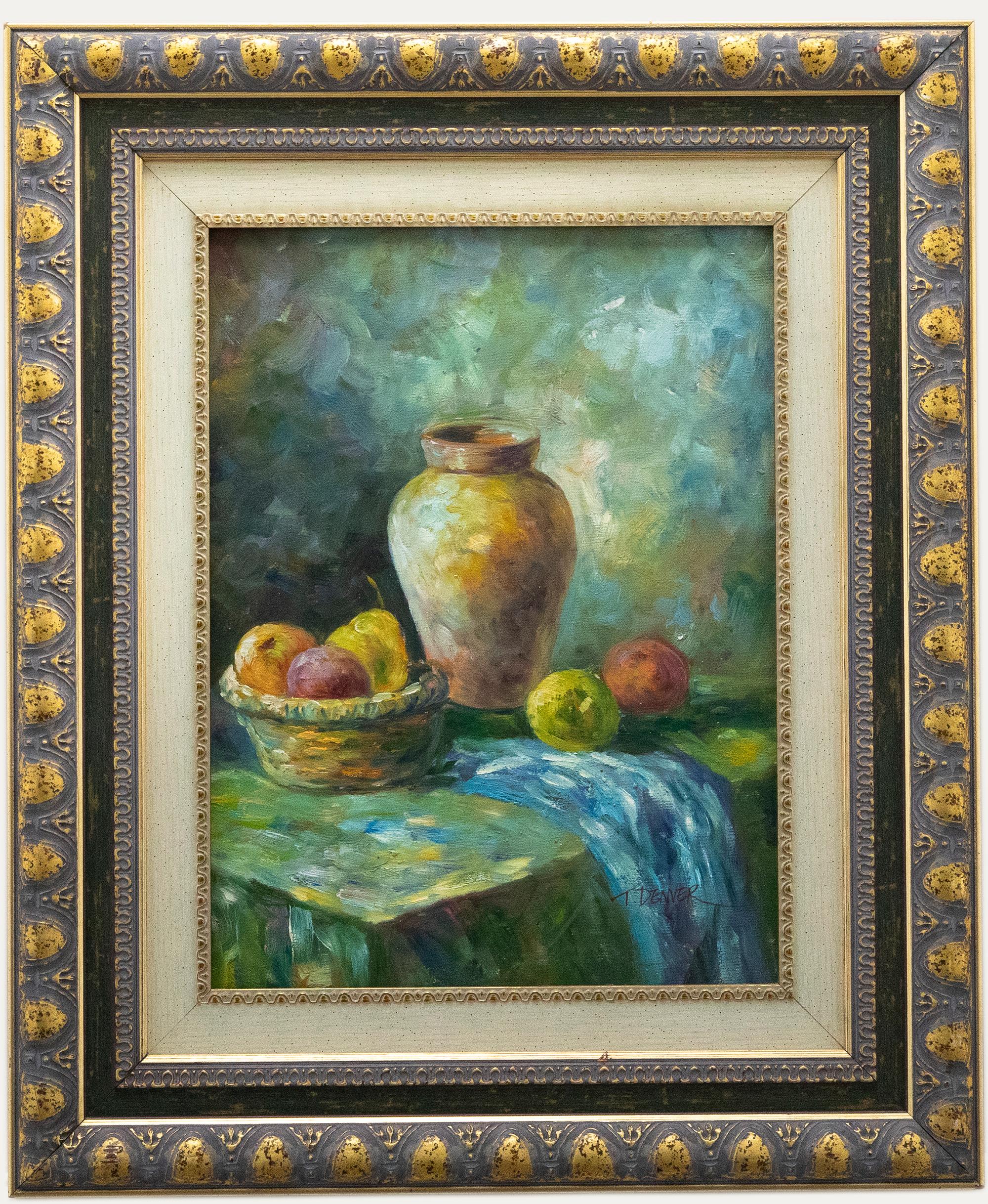 Unknown Still-Life Painting - T. Denver - 20th Century Oil, Fruit on Blue