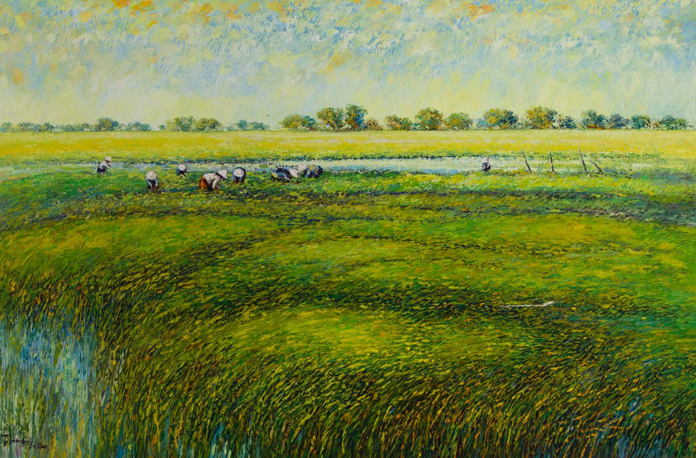 T. Inargoy – signiertes und gerahmtes Ölgemälde, The Rice Fields, 1980 – Painting von Unknown
