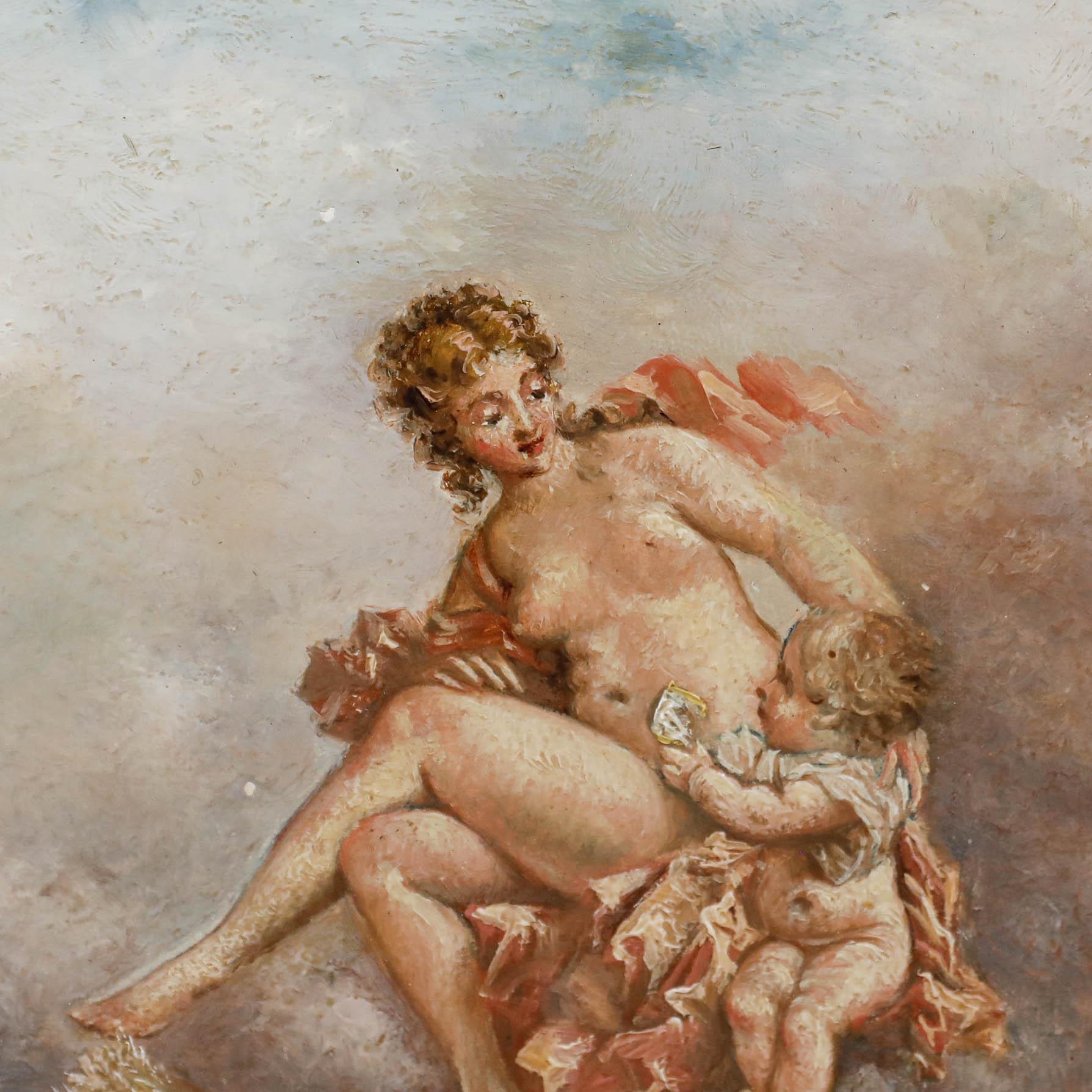 Ein charmantes Öl aus dem frühen 19. Jahrhundert, das Venus und ihren Sohn Amor in rosa Wolken darstellt. Amor blickt zu seiner Mutter auf und überreicht ihr einen goldenen Apfel, den Preis, den ihr der Hirte Paris im sagenhaften Urteil zugesprochen