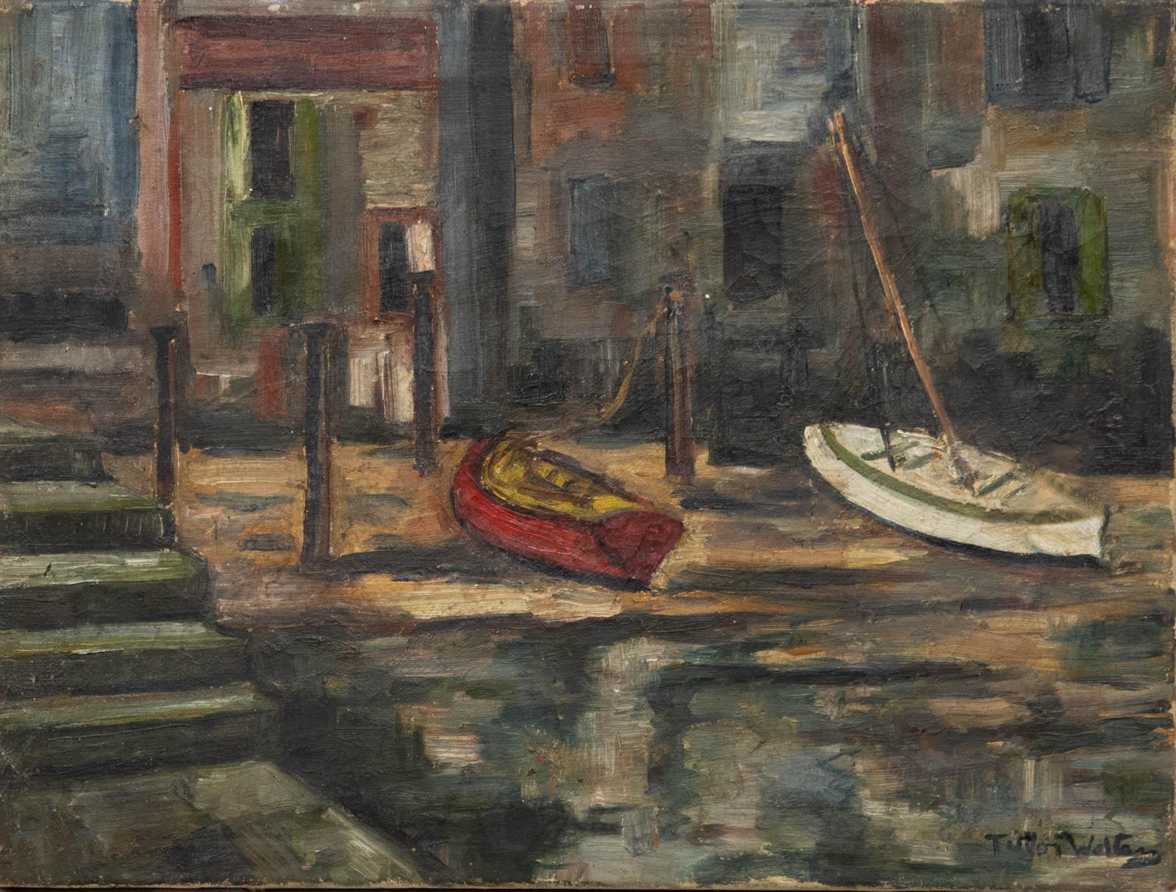 Unknown Figurative Painting - T. Walters - Early 20th Century Oil, Boats by a River